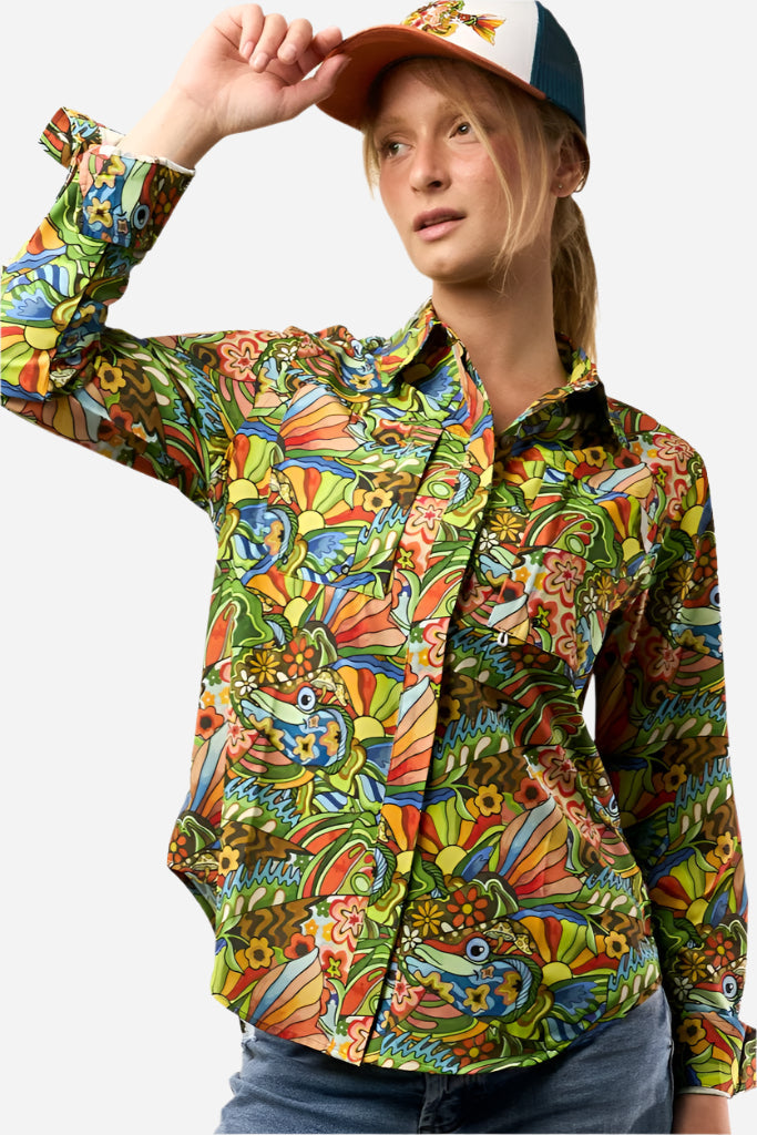 Boho Bass Tunic fishing shirt by FisheWear featuring lightweight fabric, bohemian style, and fishing-friendly design.