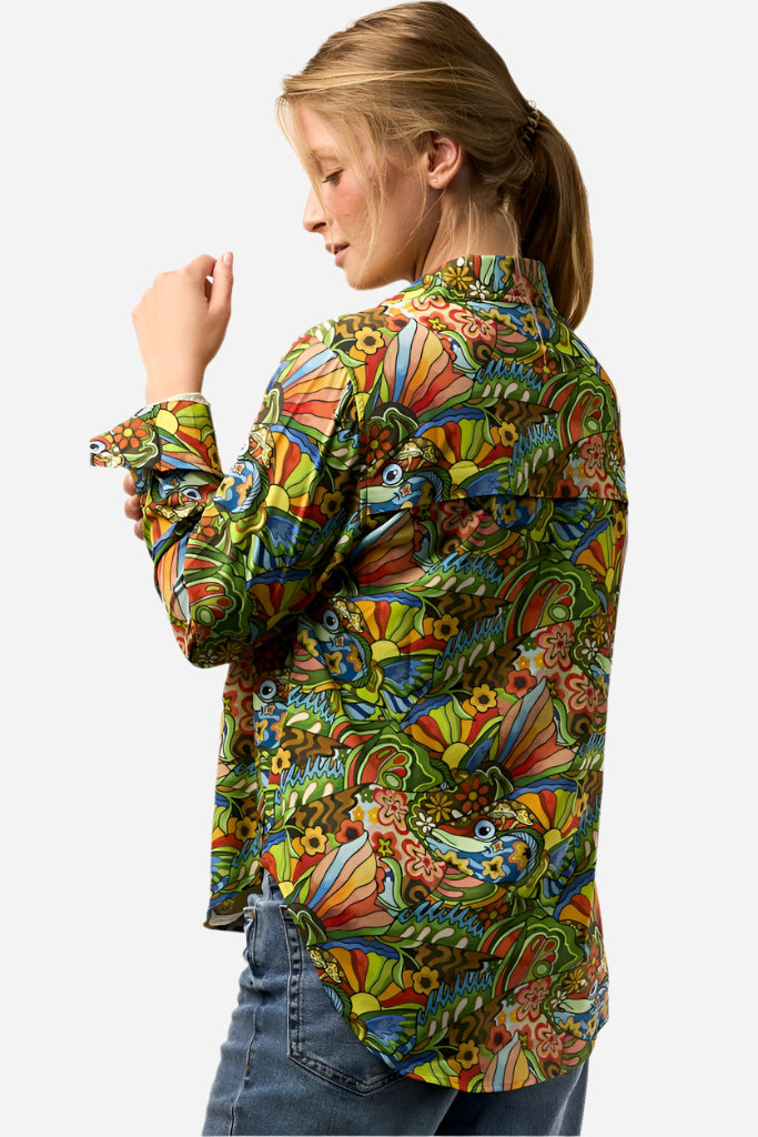 FisheWear Boho Bass Tunic fishing shirt with bohemian print, lightweight fabric, long sleeves, and collar for anglers.