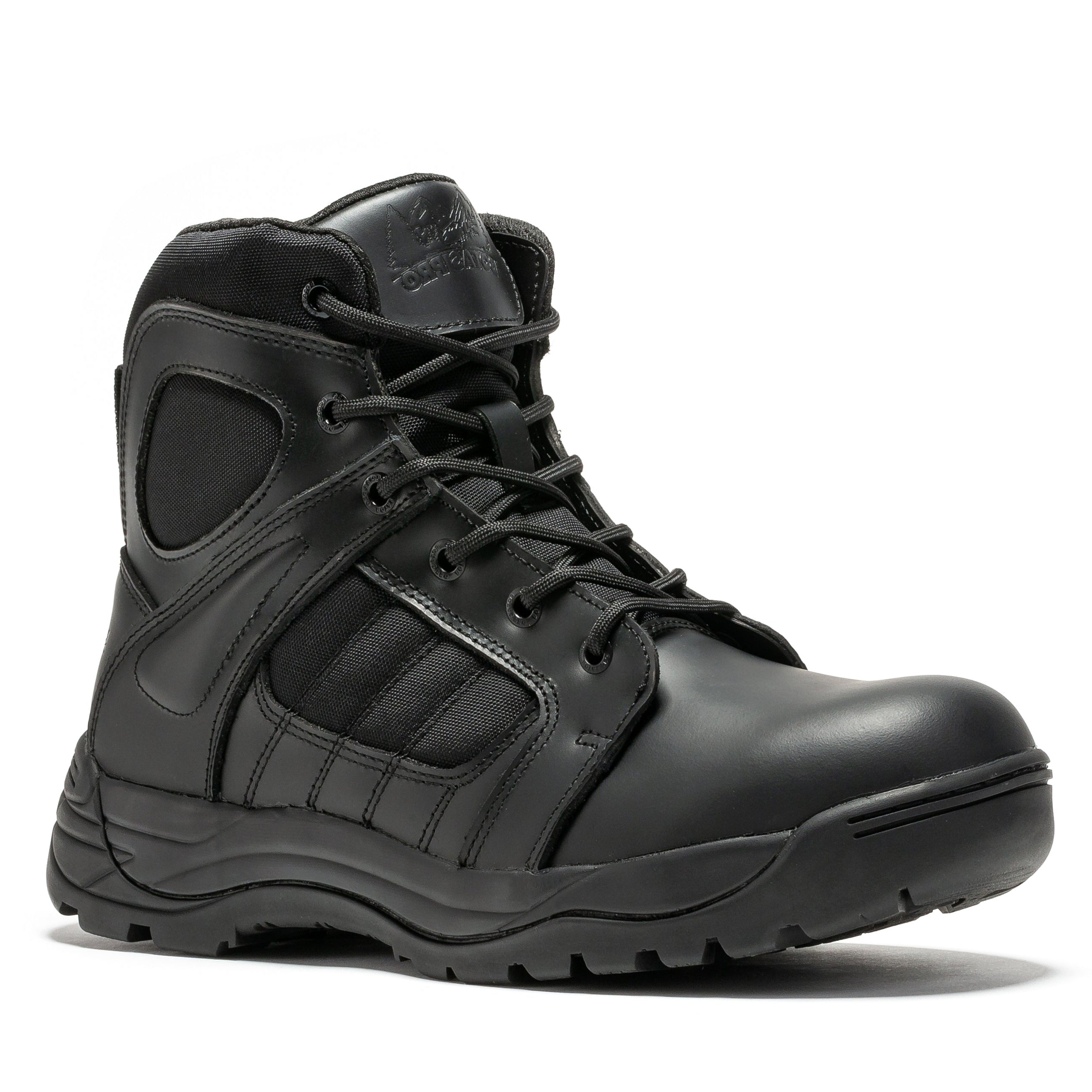 Black men's tactical boots with 6-inch height, side zipper, and rubber sole by Rock Rooster Footwear Inc.