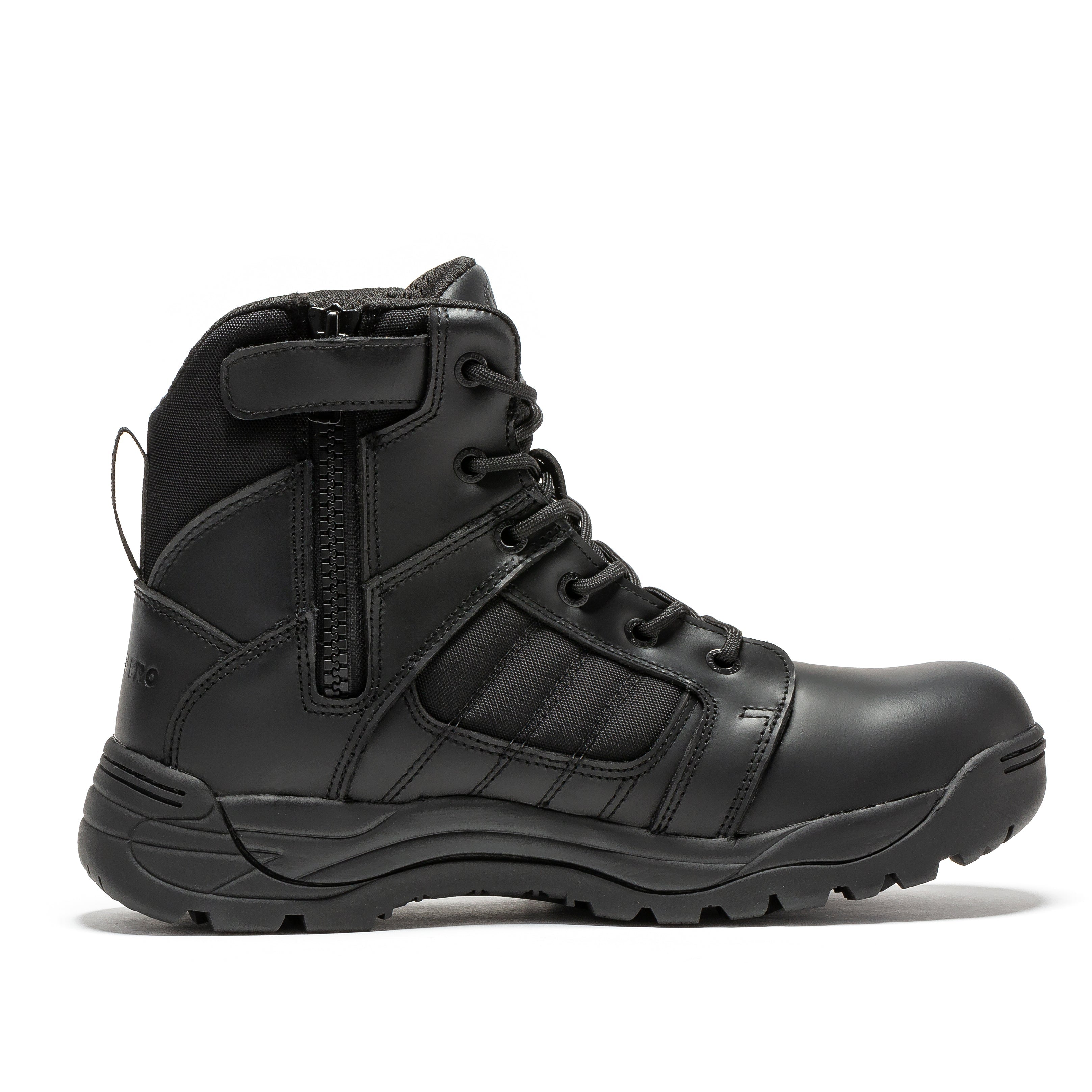 Black men's tactical boots with 6-inch height, side zipper, and rubber sole by Rock Rooster Footwear Inc.