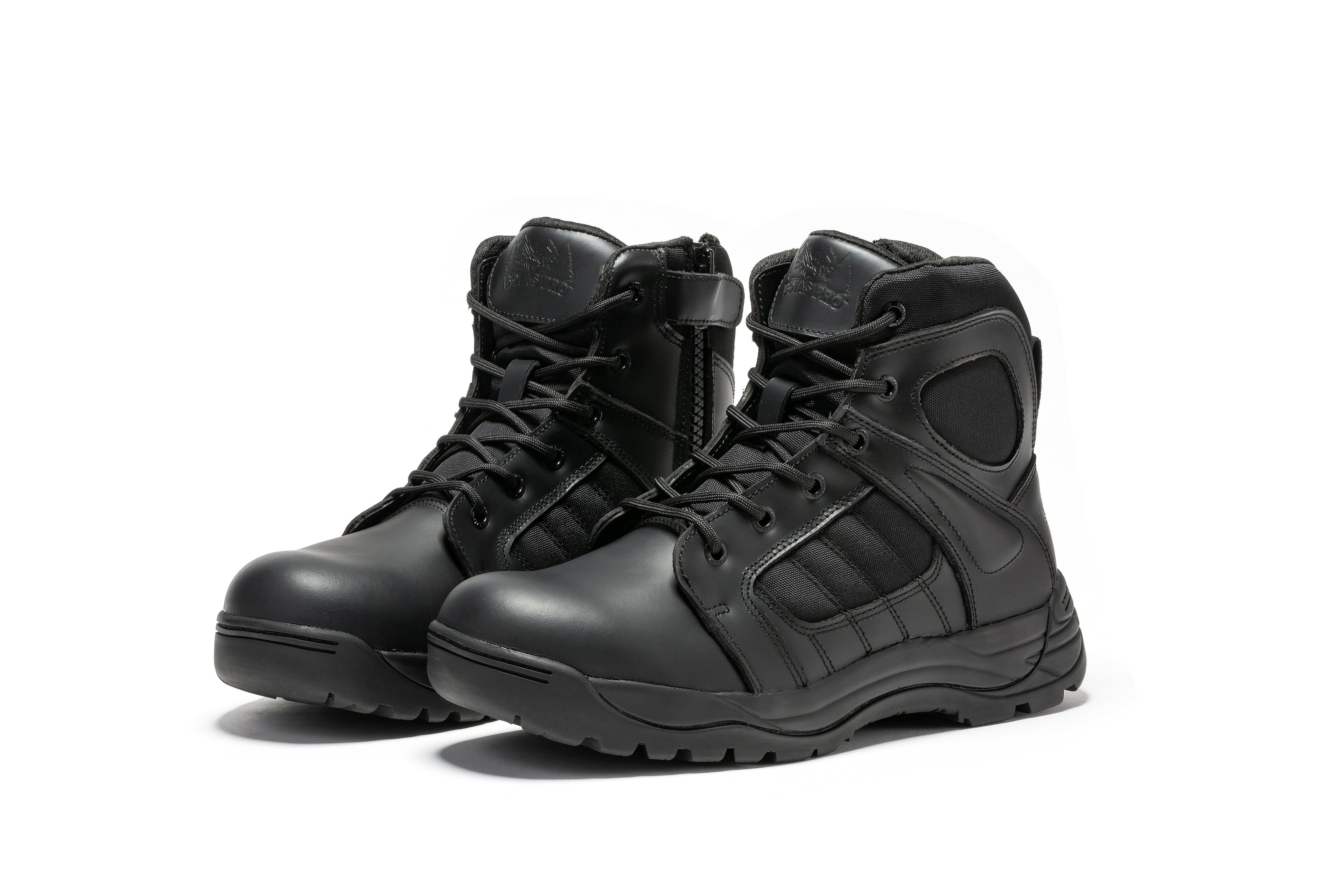 Black men's tactical boots with 6-inch height, side zipper, and rubber sole by Rock Rooster Footwear Inc.