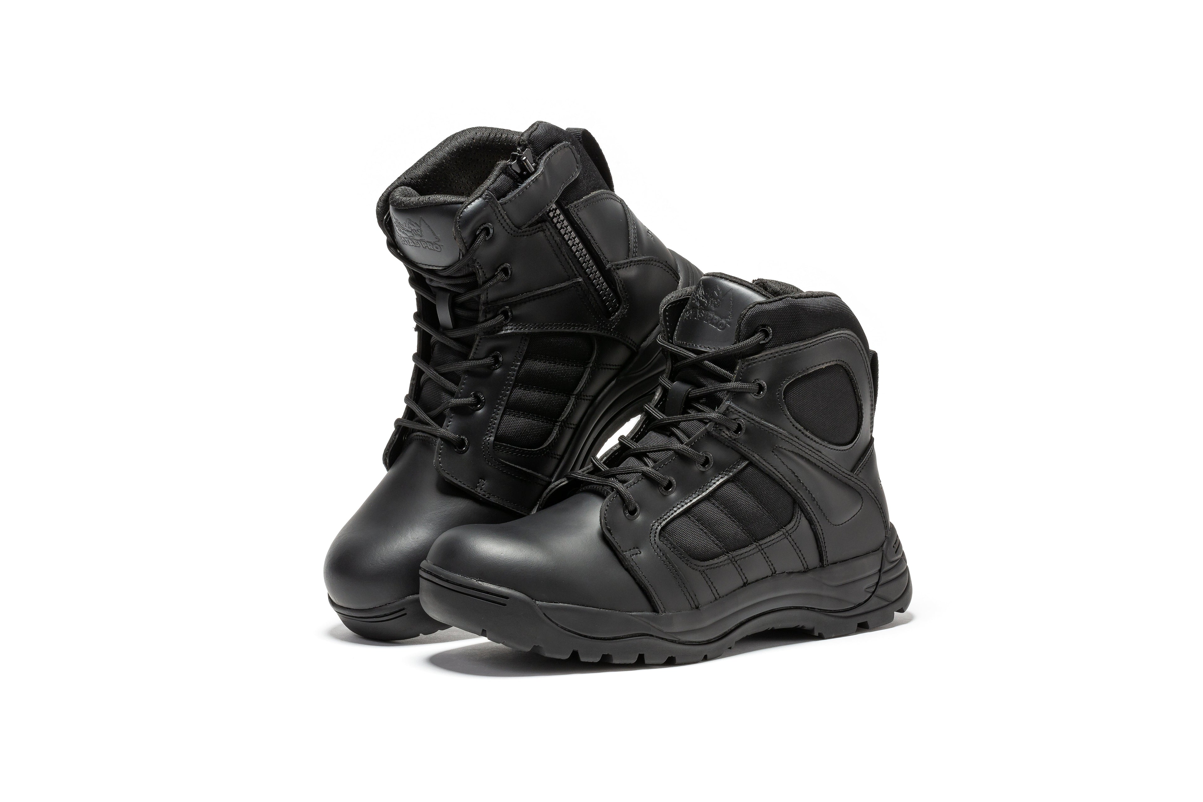 Black men's tactical boots with 6-inch height, side zipper, and rubber sole by Rock Rooster Footwear Inc.