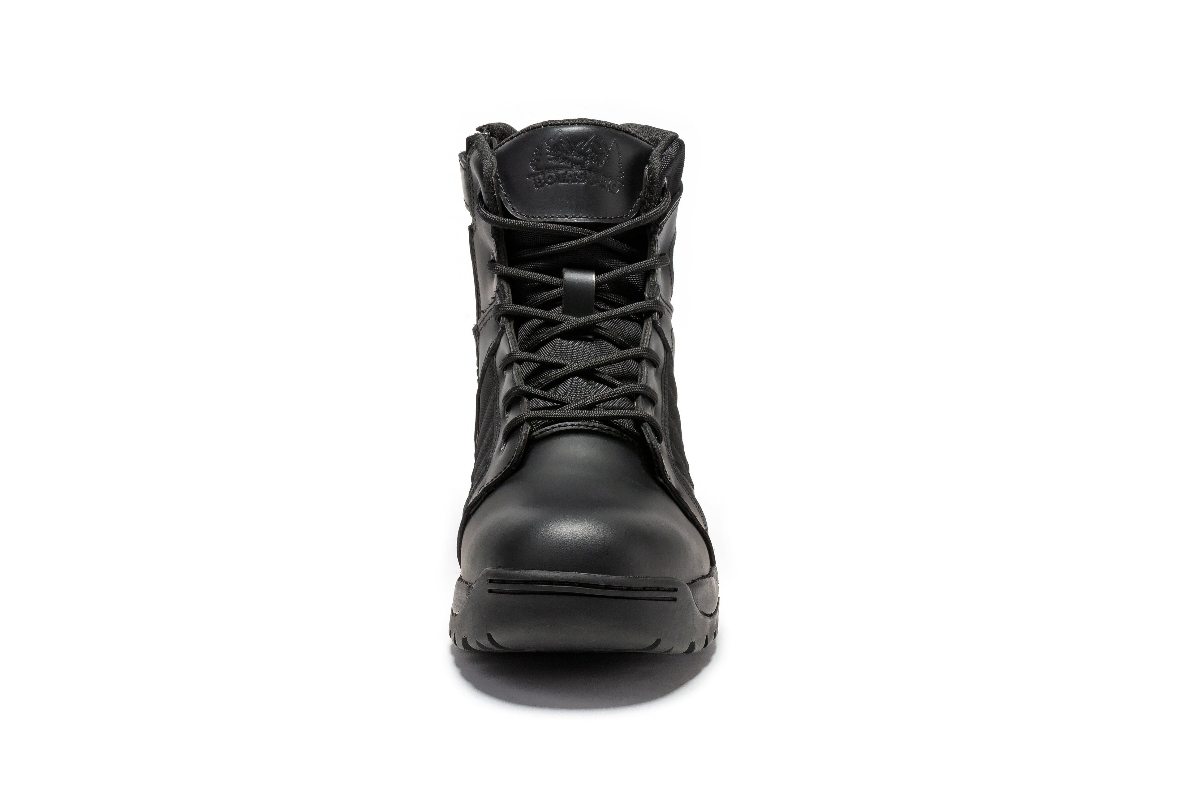 Black men's tactical boots with 6-inch side zipper and rubber sole from Rock Rooster Footwear Inc.