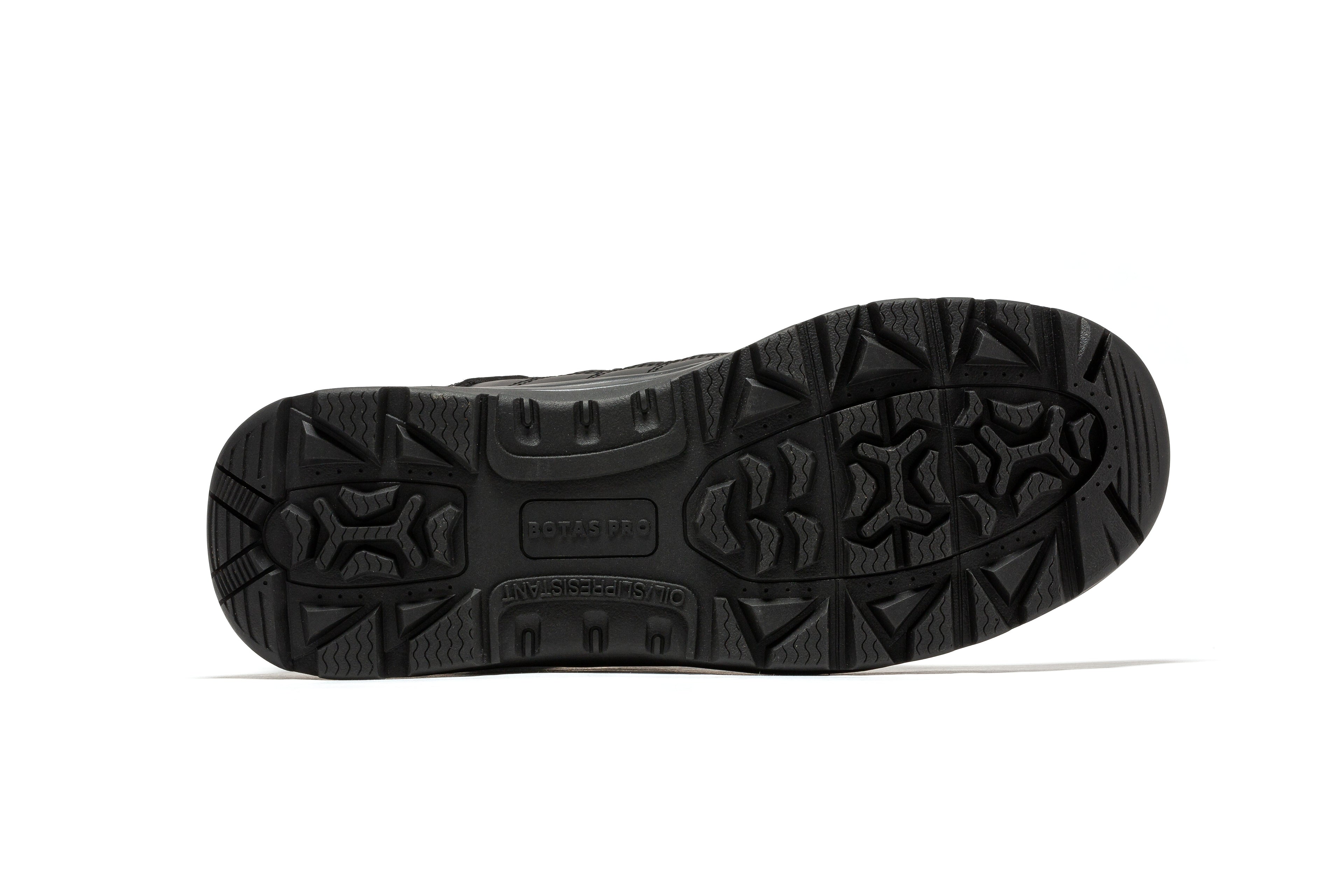 Black men's tactical boots by Rock Rooster, 6-inch side zipper design with rubber soles, model BMP111BK.