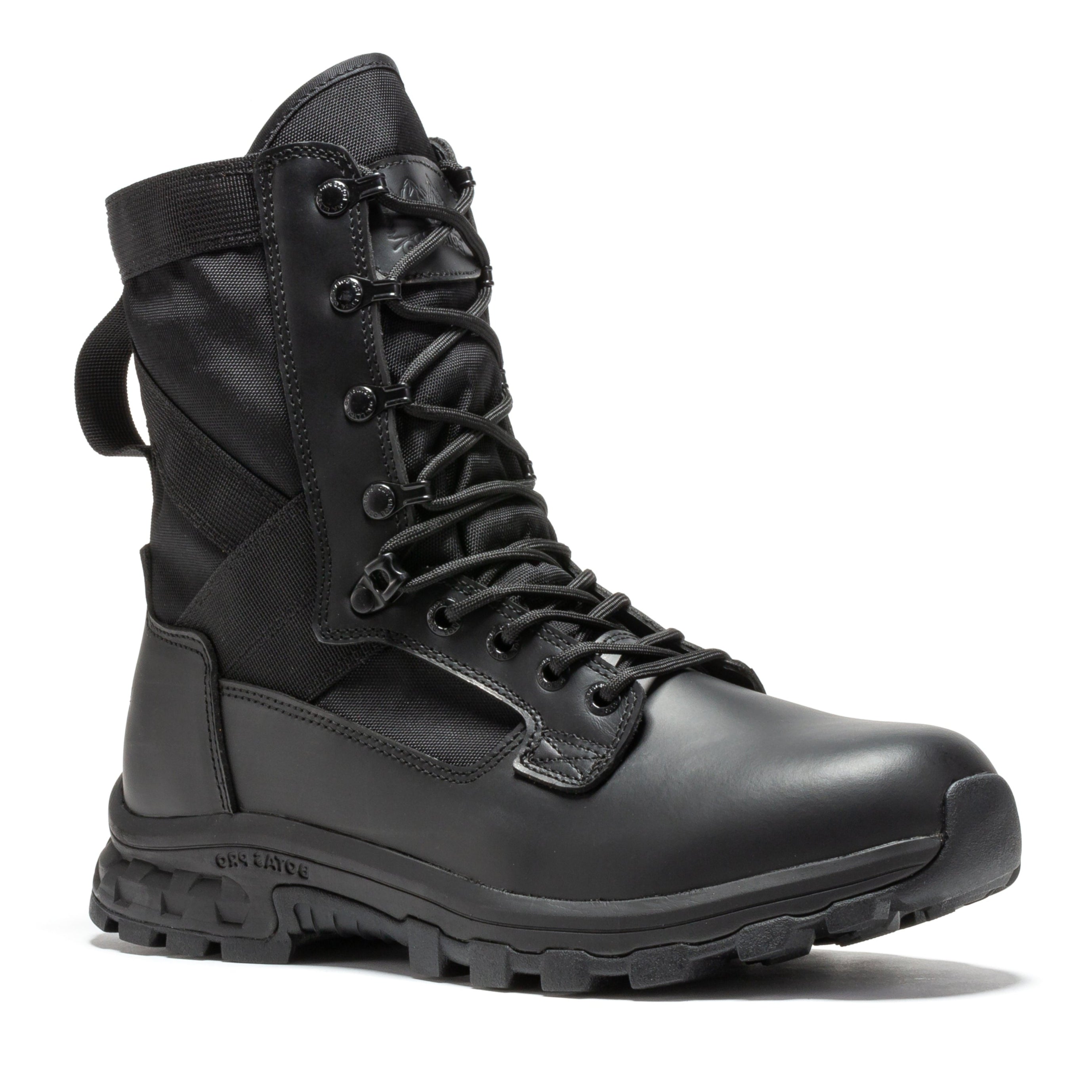 Black men's 8-inch tactical military boots with side zipper from Rock Rooster, featuring durable design and rugged style.