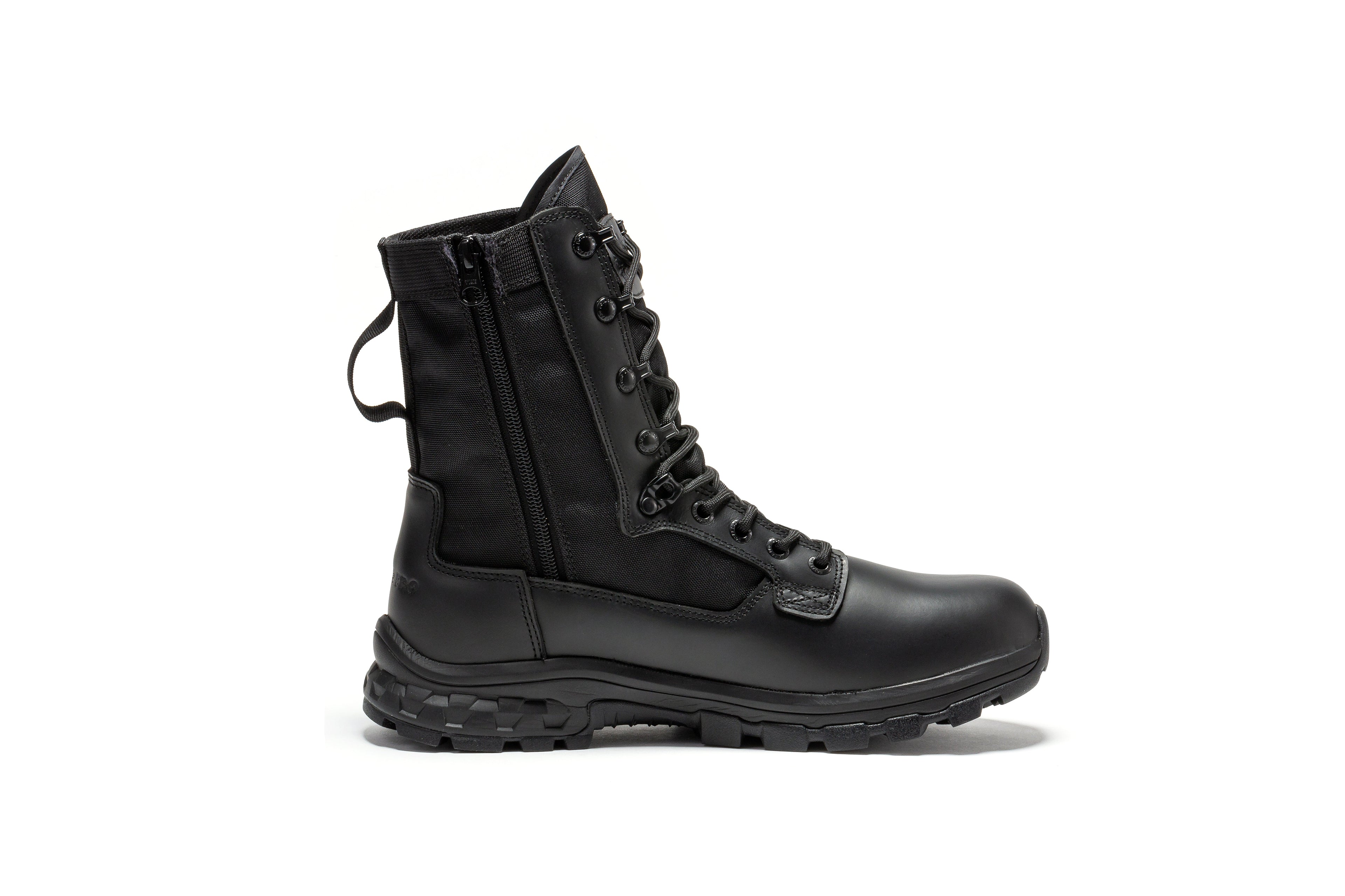 Black men's 8-inch tactical boots with side zipper, military style, from Rock Rooster Footwear Inc, designed for durability and support.