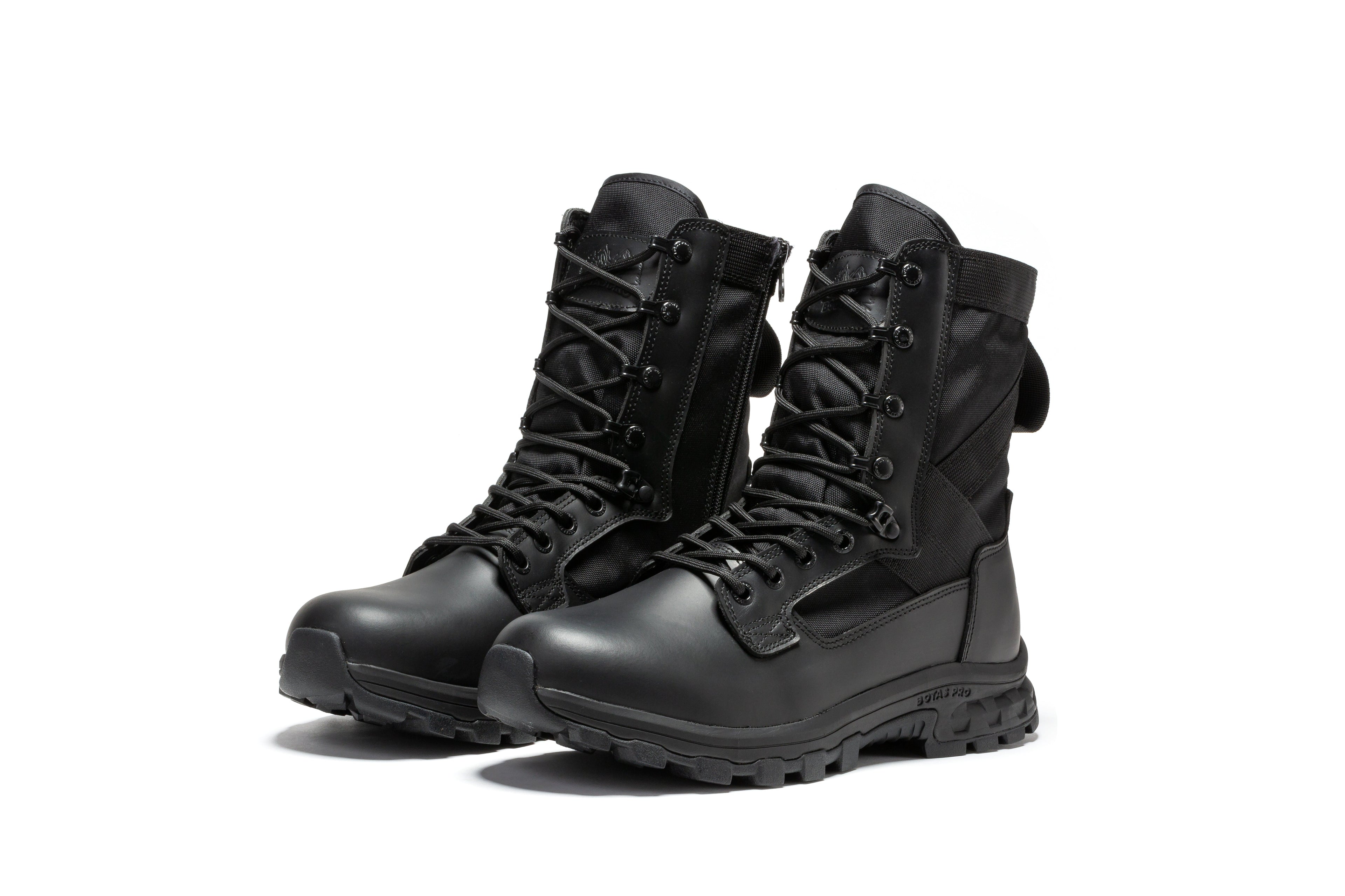 Black men's 8-inch tactical military boots with side zipper from Rock Rooster Footwear Inc, designed for durability and active wear.