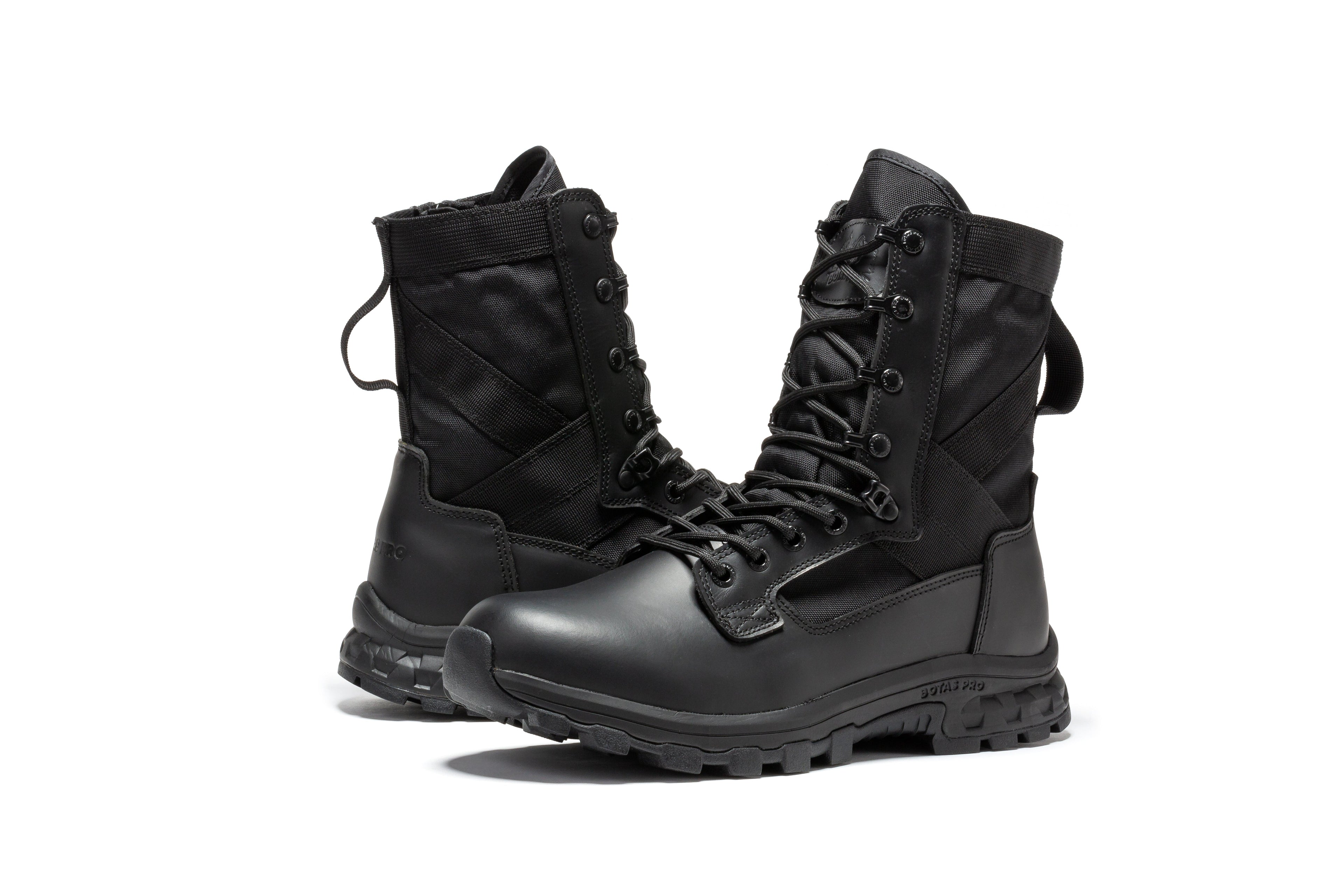 Black men's 8-inch military tactical boots with side zipper by Rock Rooster, designed for durability and tactical performance.