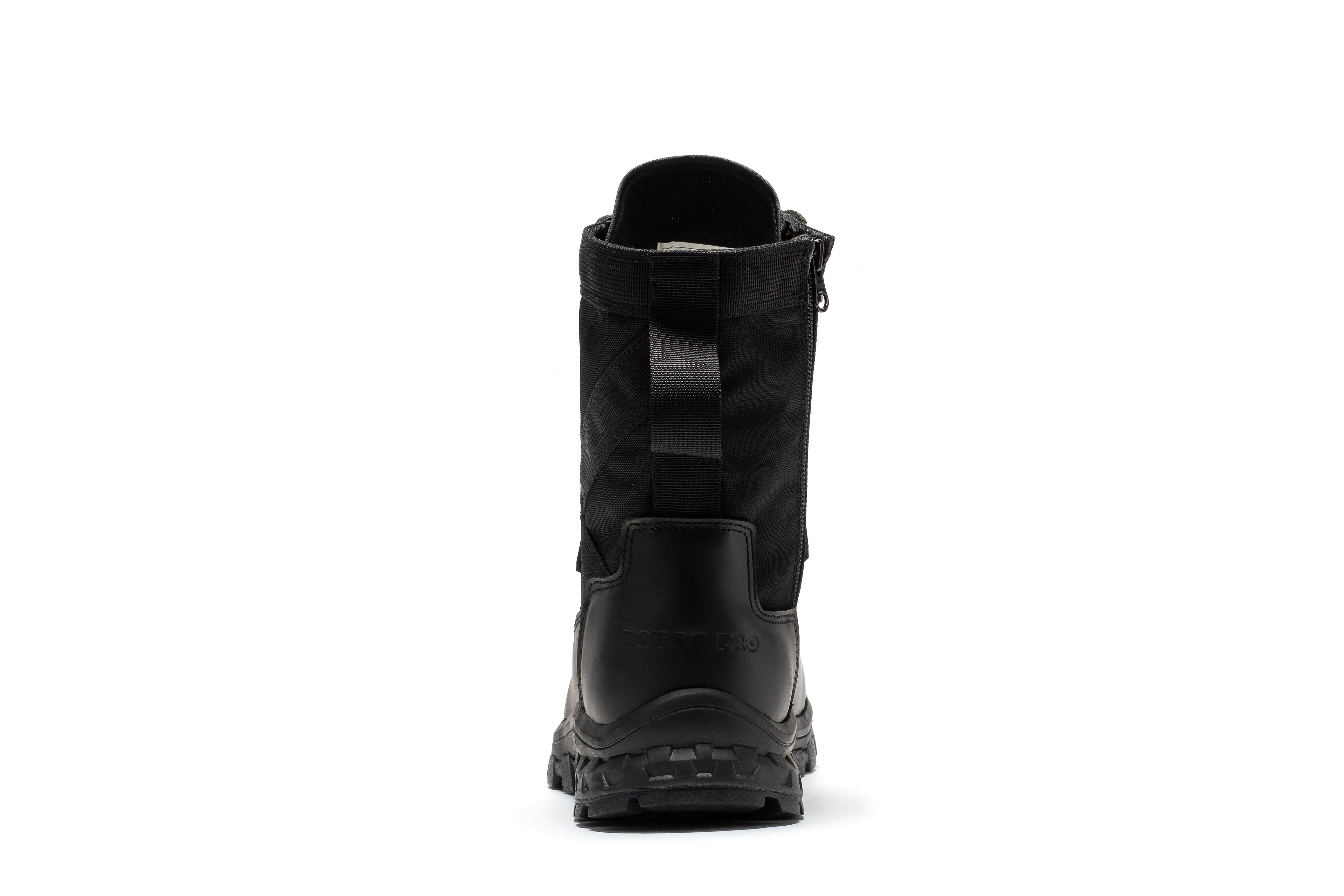 Black men's 8-inch military tactical boots with side zipper by Rock Rooster Footwear Inc, featuring rugged design and sturdy soles.