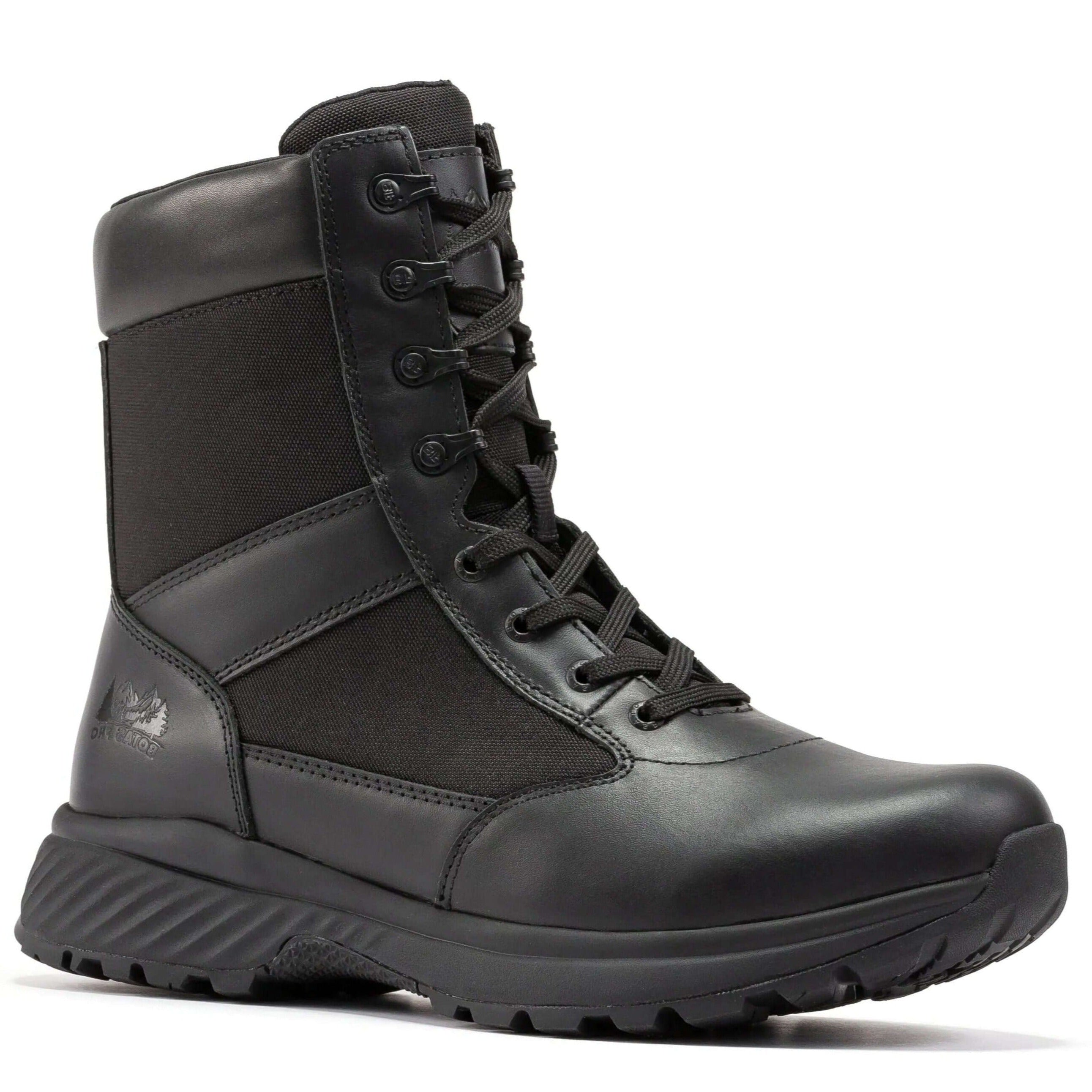 Black men's 8-inch military tactical boots with side zipper by Rock Rooster Footwear Inc, designed for durability and performance.