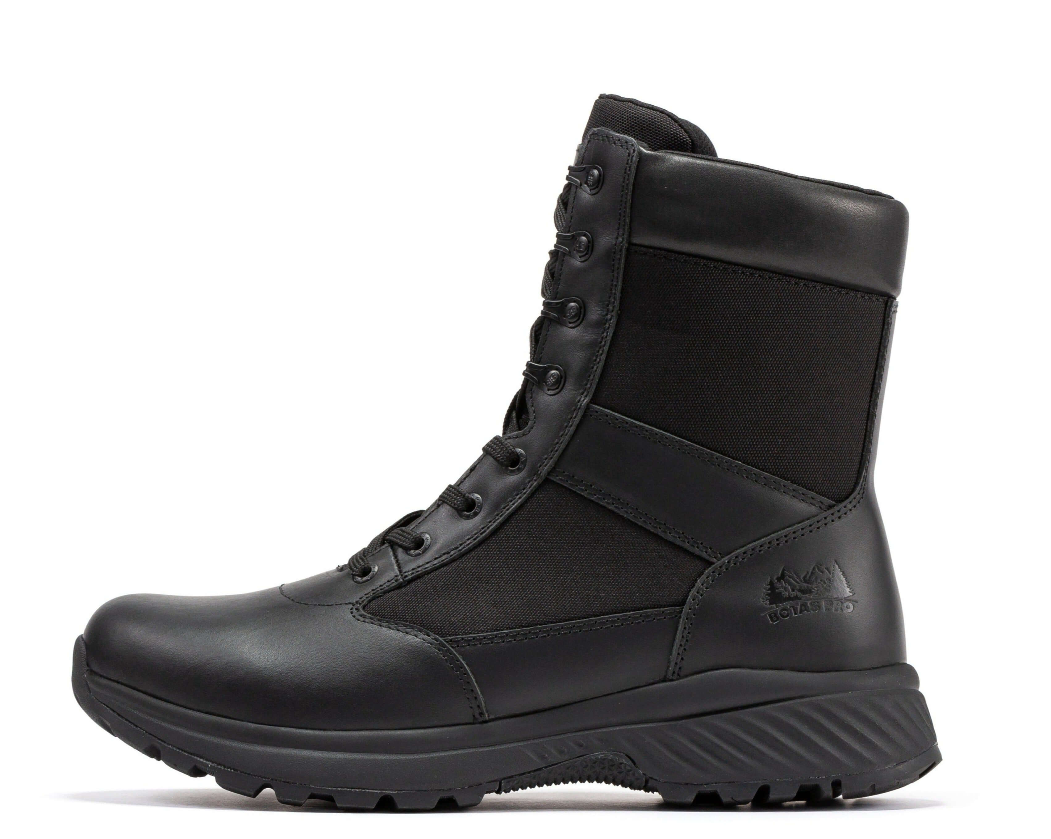 Black men's 8-inch military tactical boots with side zipper by Rock Rooster Footwear Inc, designed for tactical and outdoor use.