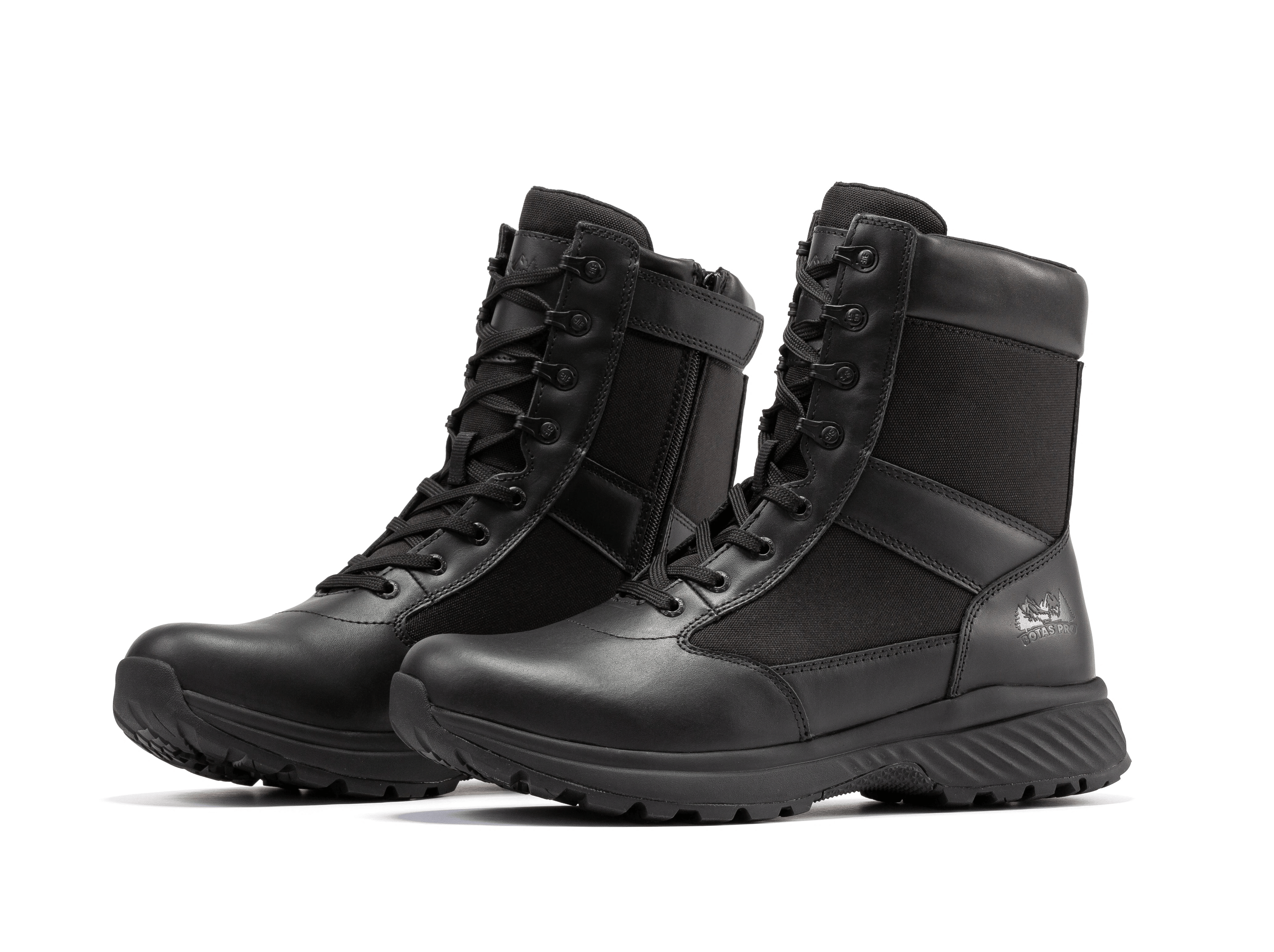 Black men's 8-inch tactical boots with side zipper from Rock Rooster, designed for military and tactical use.