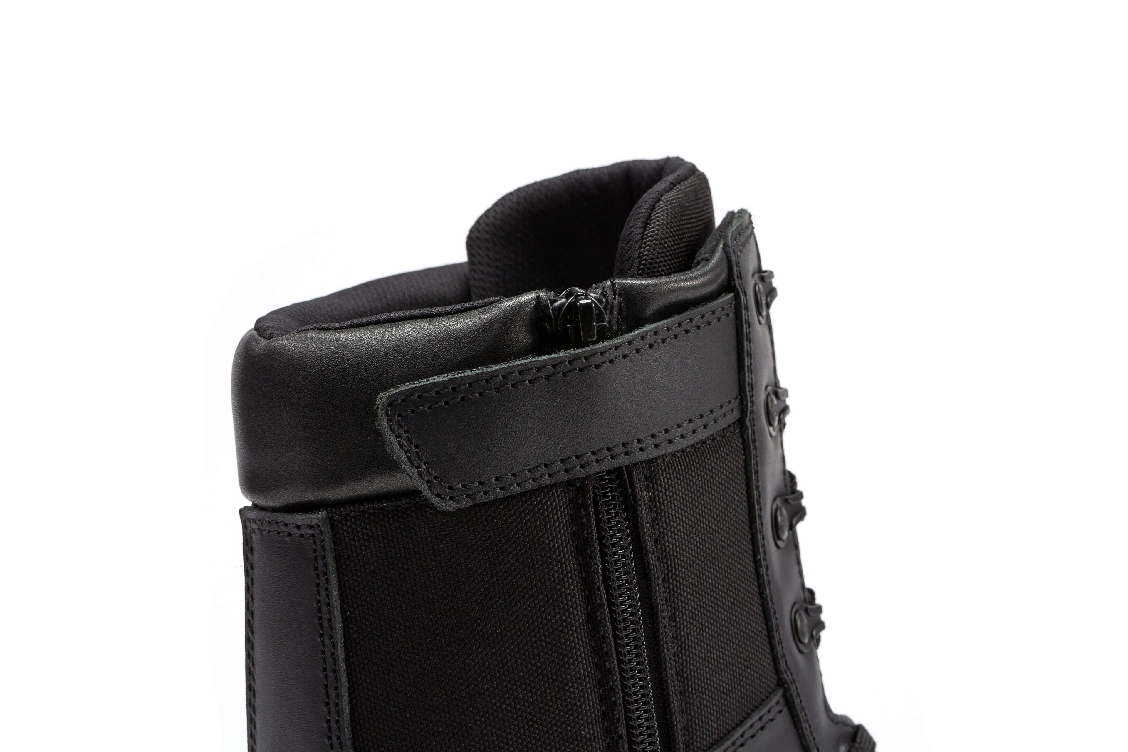 Black men's 8-inch military tactical boots with side zipper by Rock Rooster Footwear, designed for durability and performance.