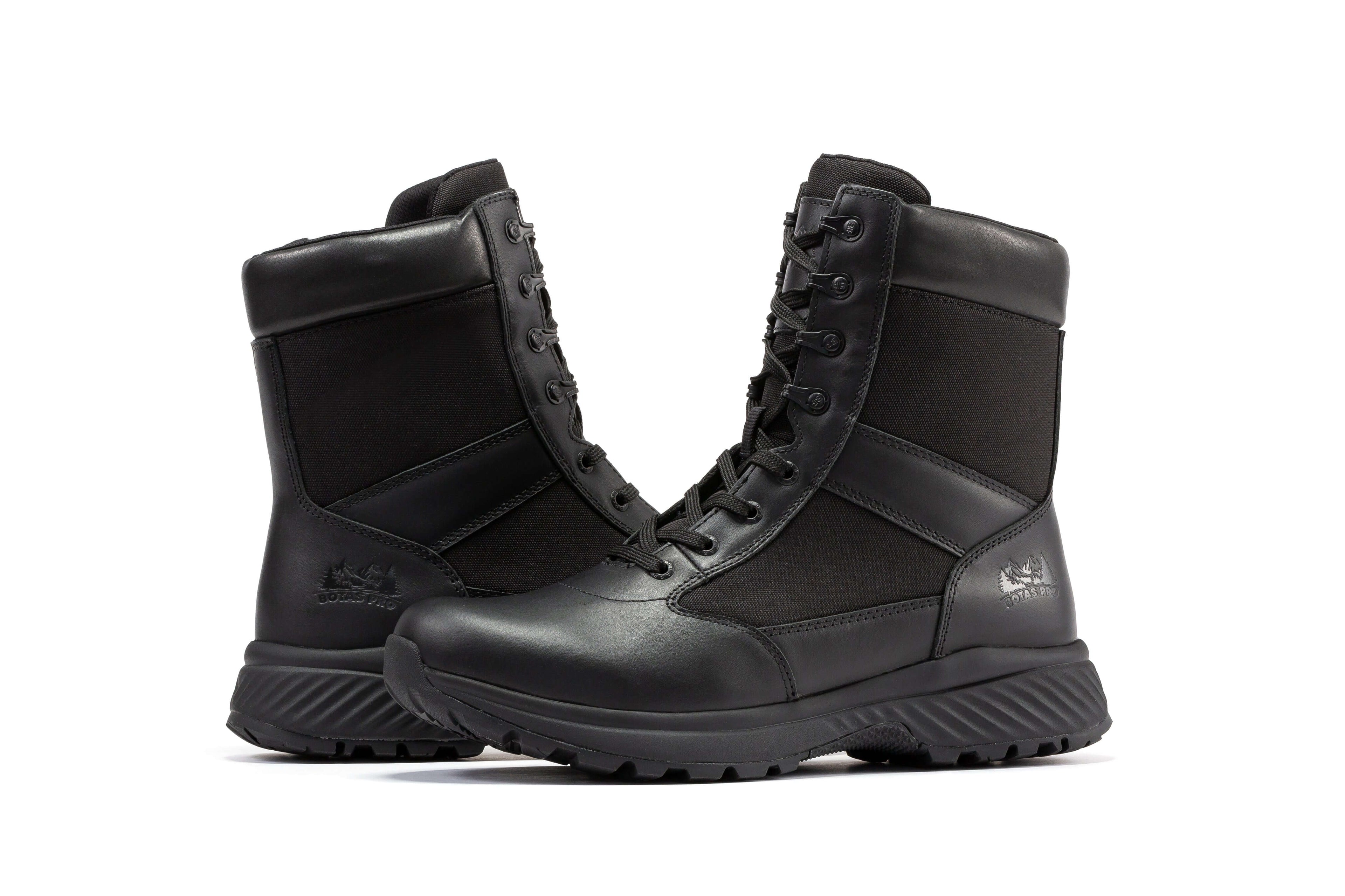 Black men's 8-inch military tactical boots with side zipper, rugged design by Rock Rooster Footwear Inc.