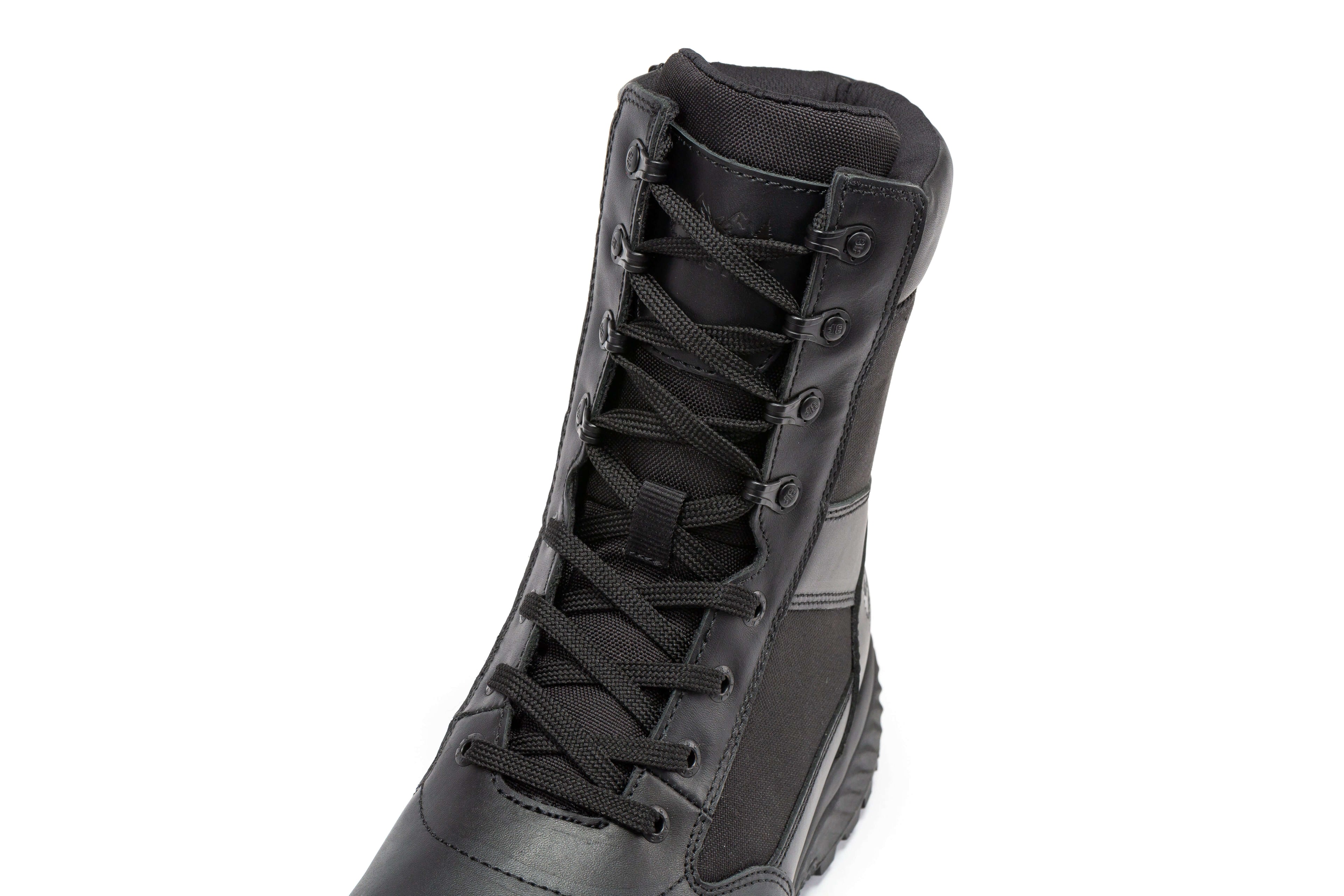 Black men's 8-inch tactical military boots with side zipper from Rock Rooster, designed for durability and rugged outdoor use.