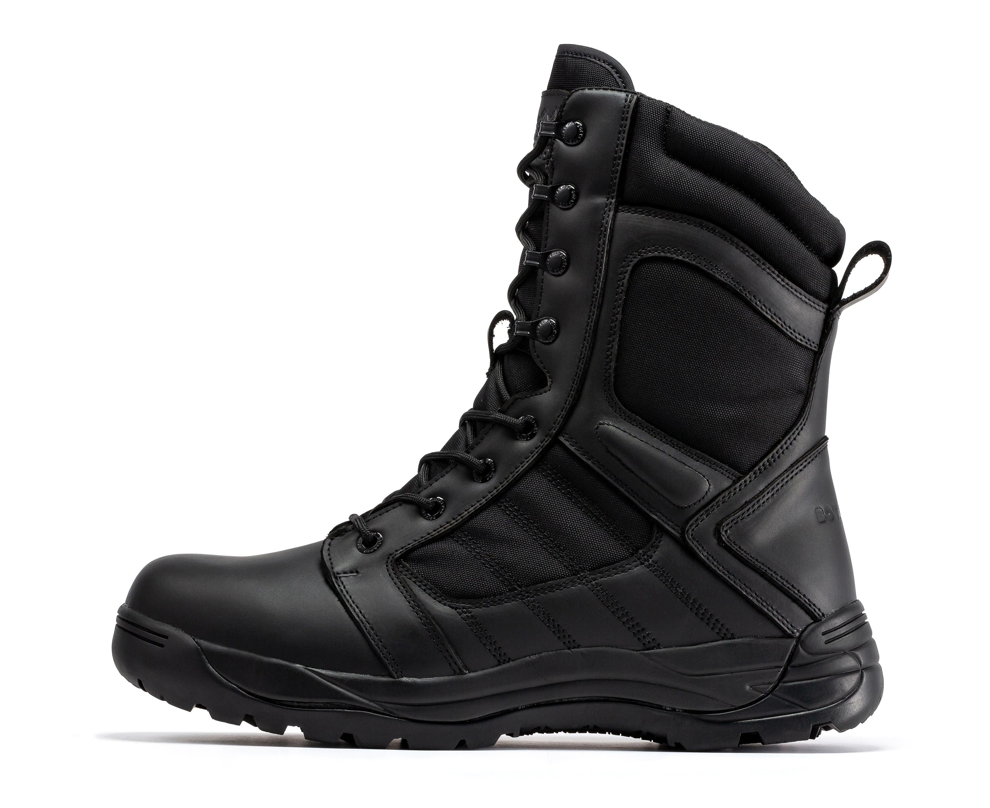 Black men's 8-inch tactical boots with side zipper and rubber sole by Rock Rooster Footwear Inc.