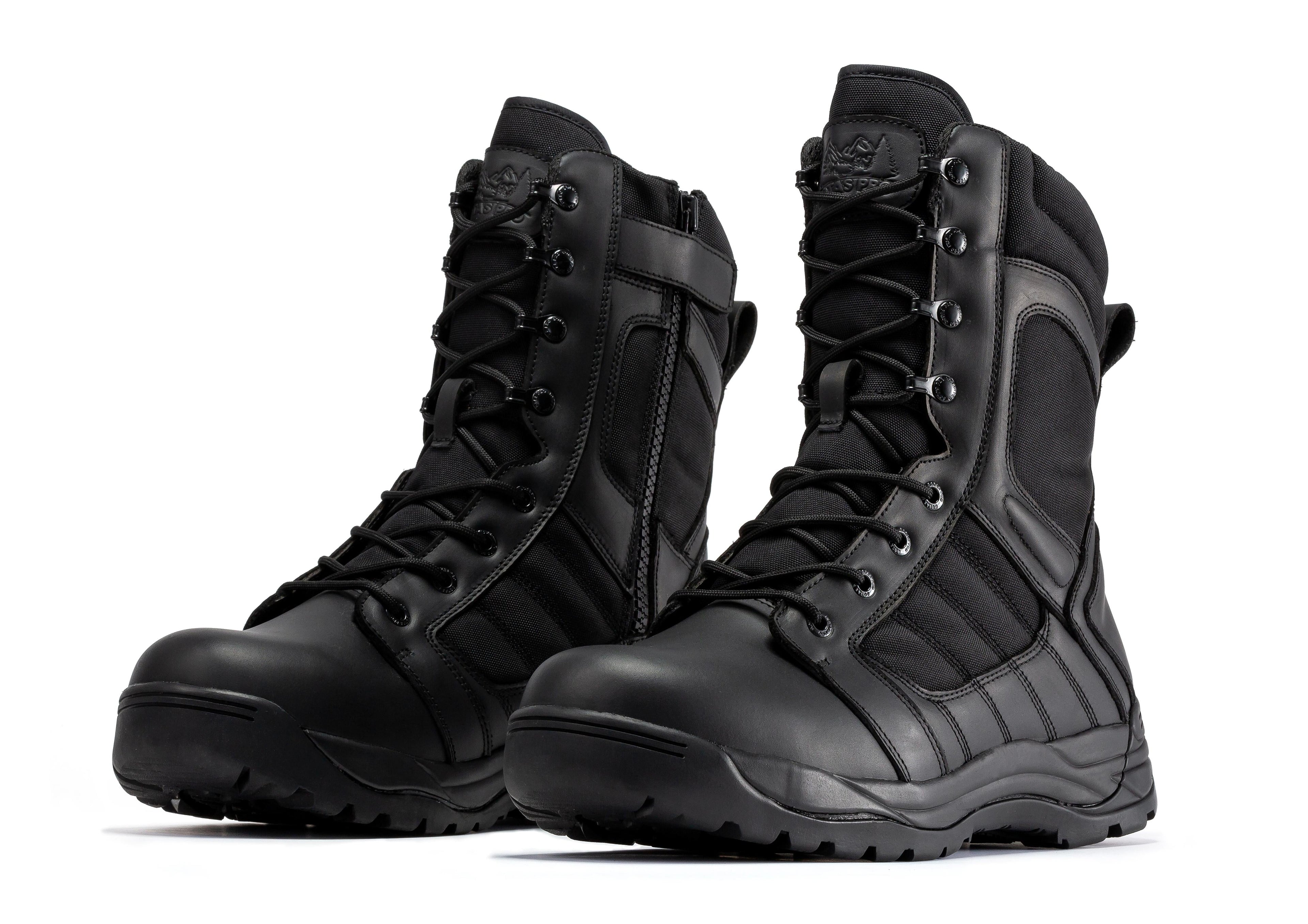 Black men's 8-inch tactical boots with side zipper and rubber sole by Rock Rooster Footwear Inc, designed for durability and comfort.