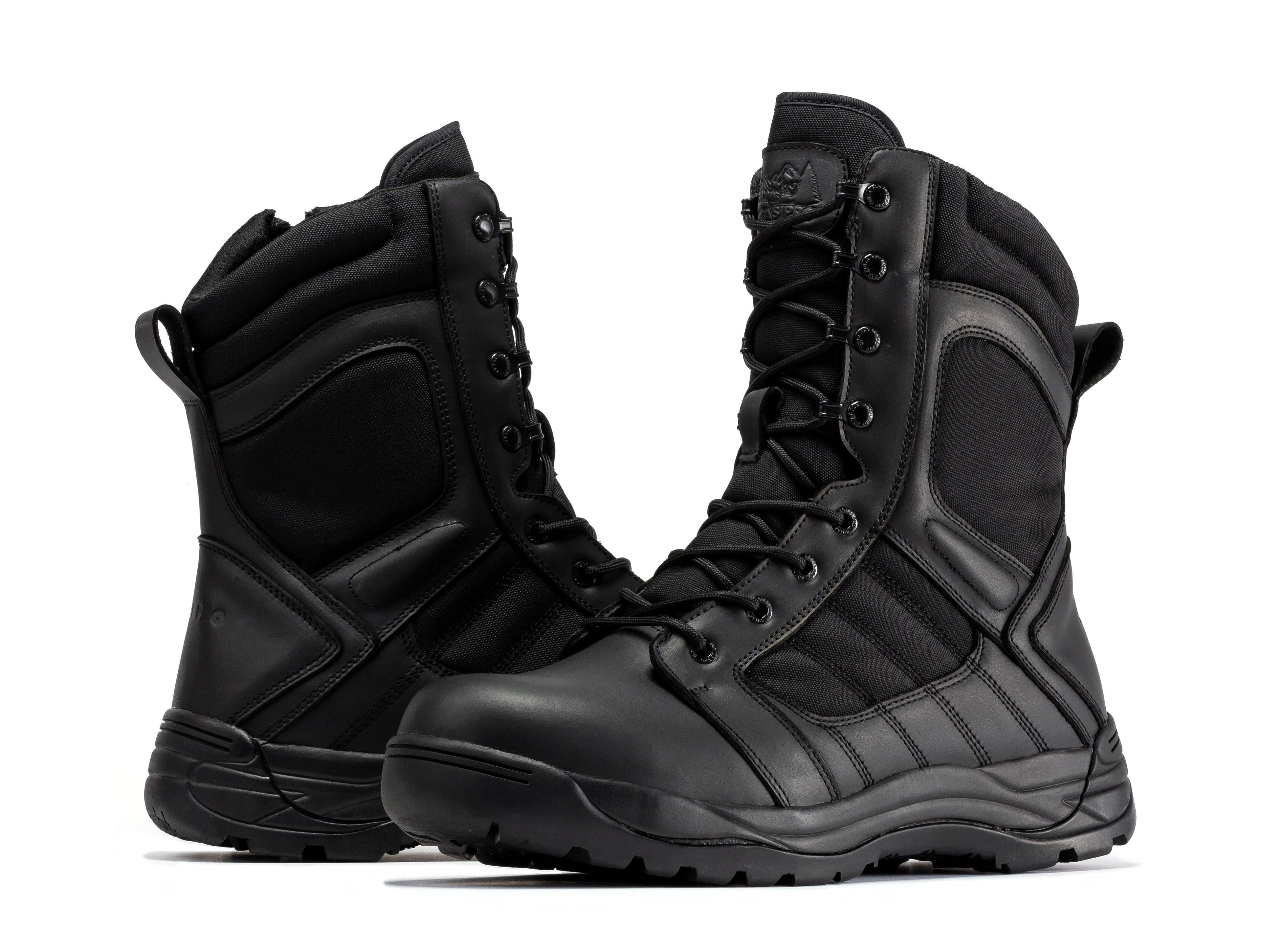 Black men's 8-inch tactical boots with side zipper and rubber sole by Rock Rooster Footwear Inc.