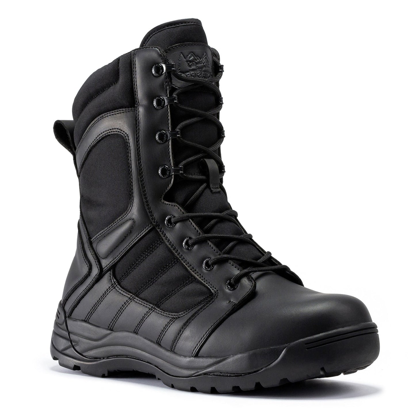 Black men's 8-inch tactical boots with side zipper and rubber sole by Rock Rooster Footwear Inc.