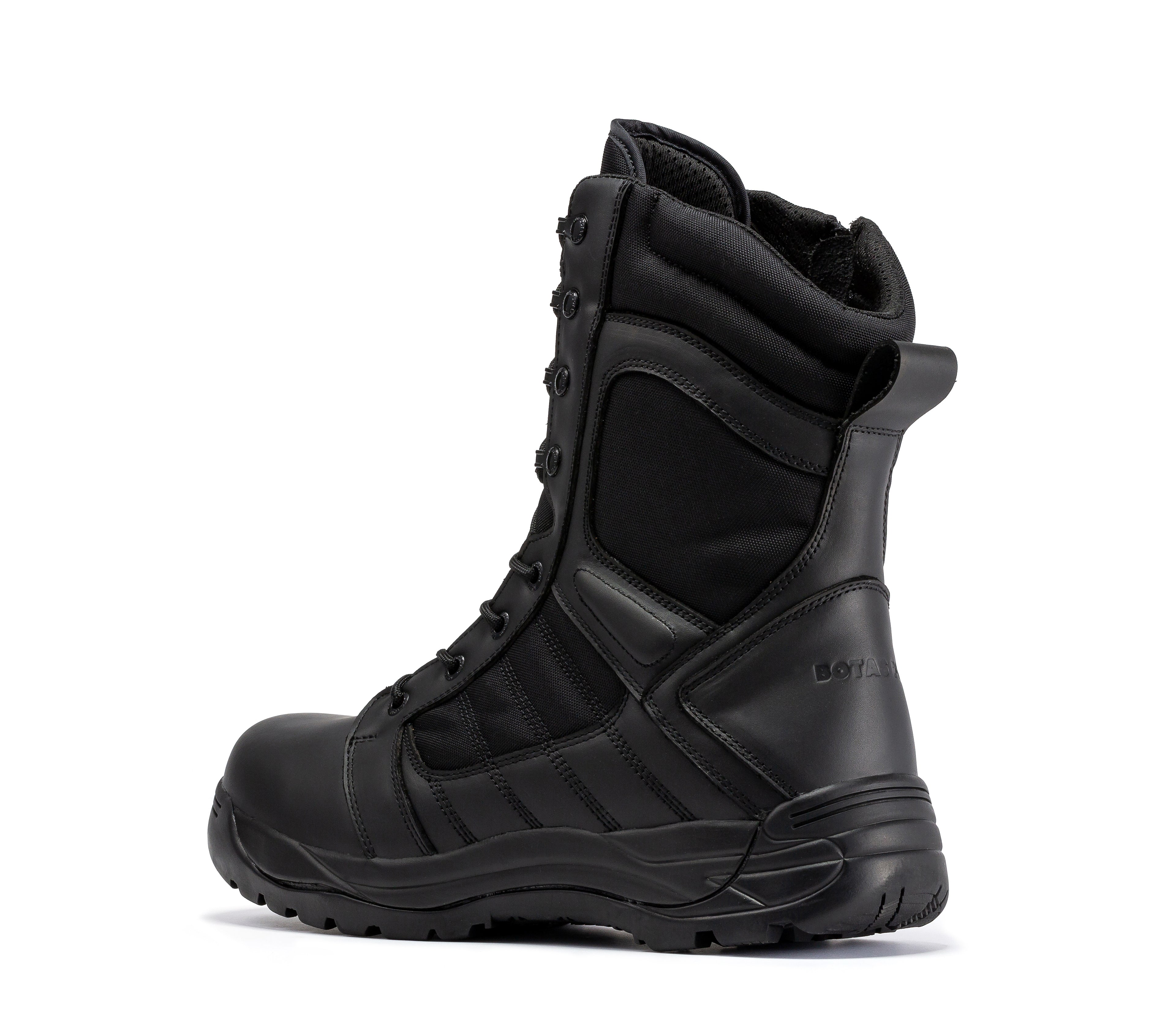 Black men's 8-inch tactical boots with side zipper and rubber sole by Rock Rooster, designed for durability and comfort.
