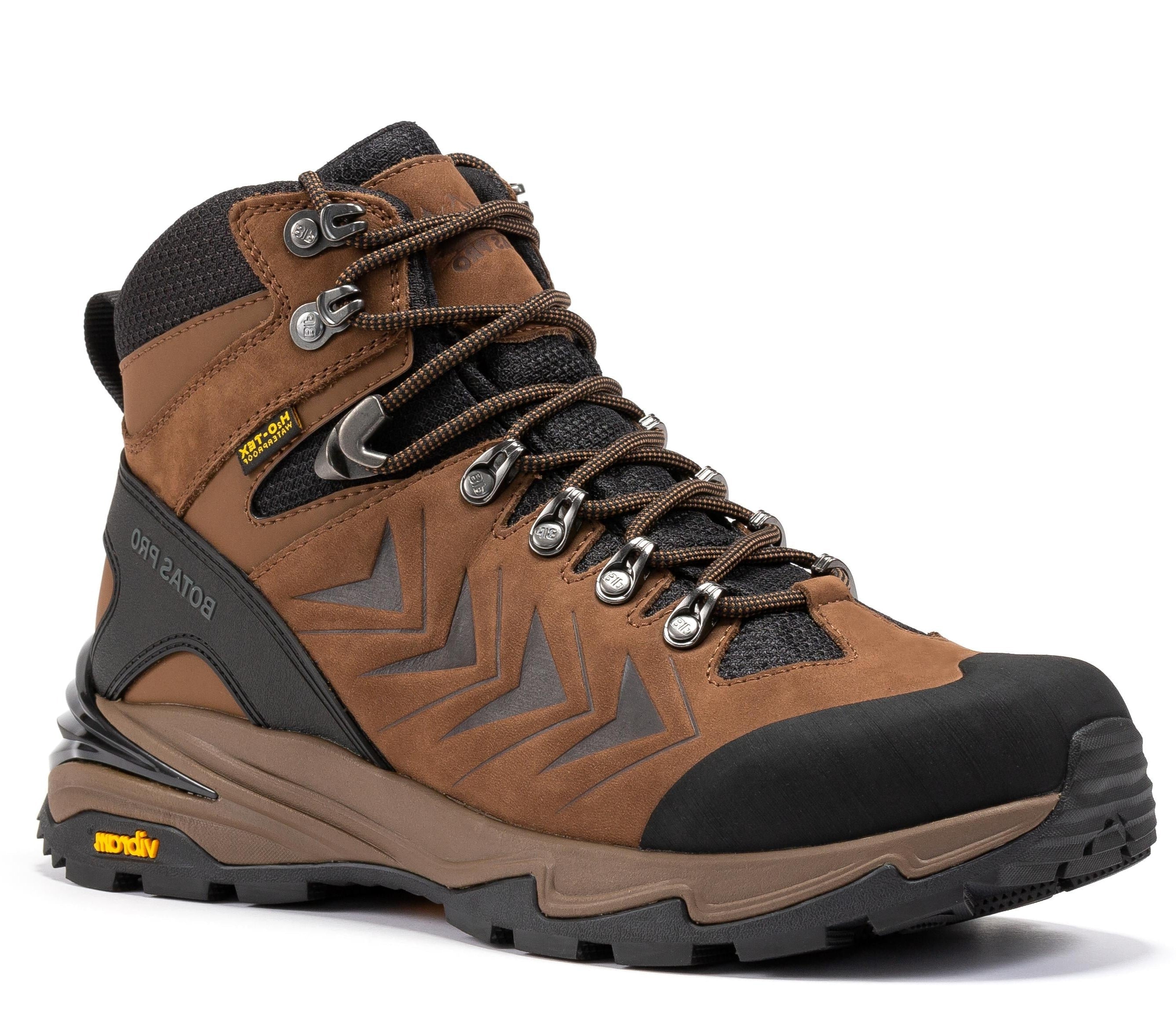 Brown Rock Rooster Pro 6-inch waterproof hiking boots with VIBRAM® traction lug outsole, designed for rugged outdoor hiking.