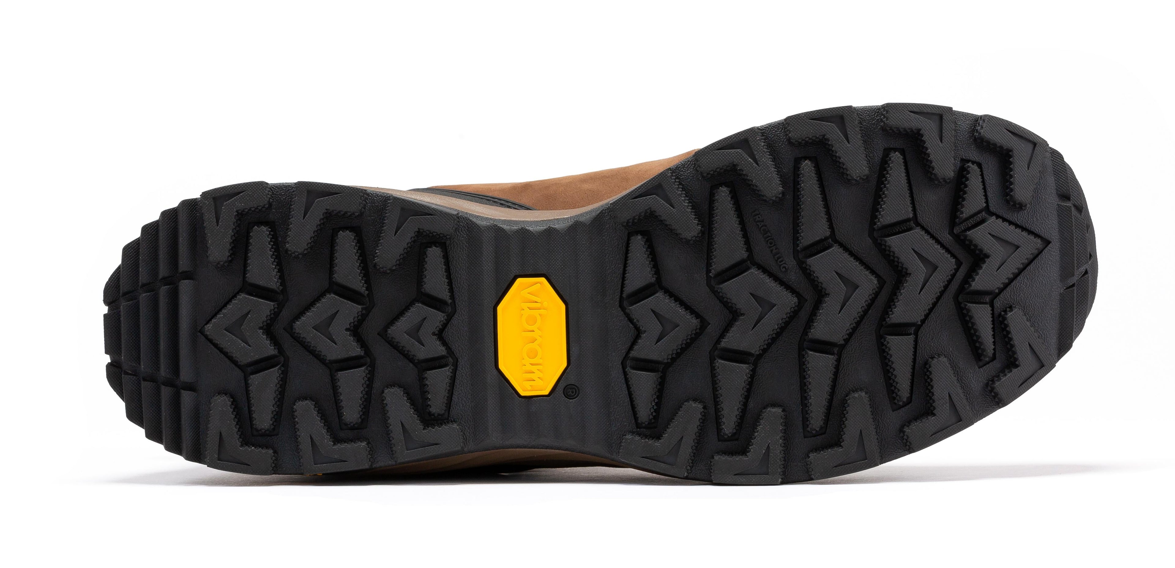Brown Rock Rooster Pro 6-inch waterproof hiking boots with Vibram traction lug outsole for outdoor adventure.