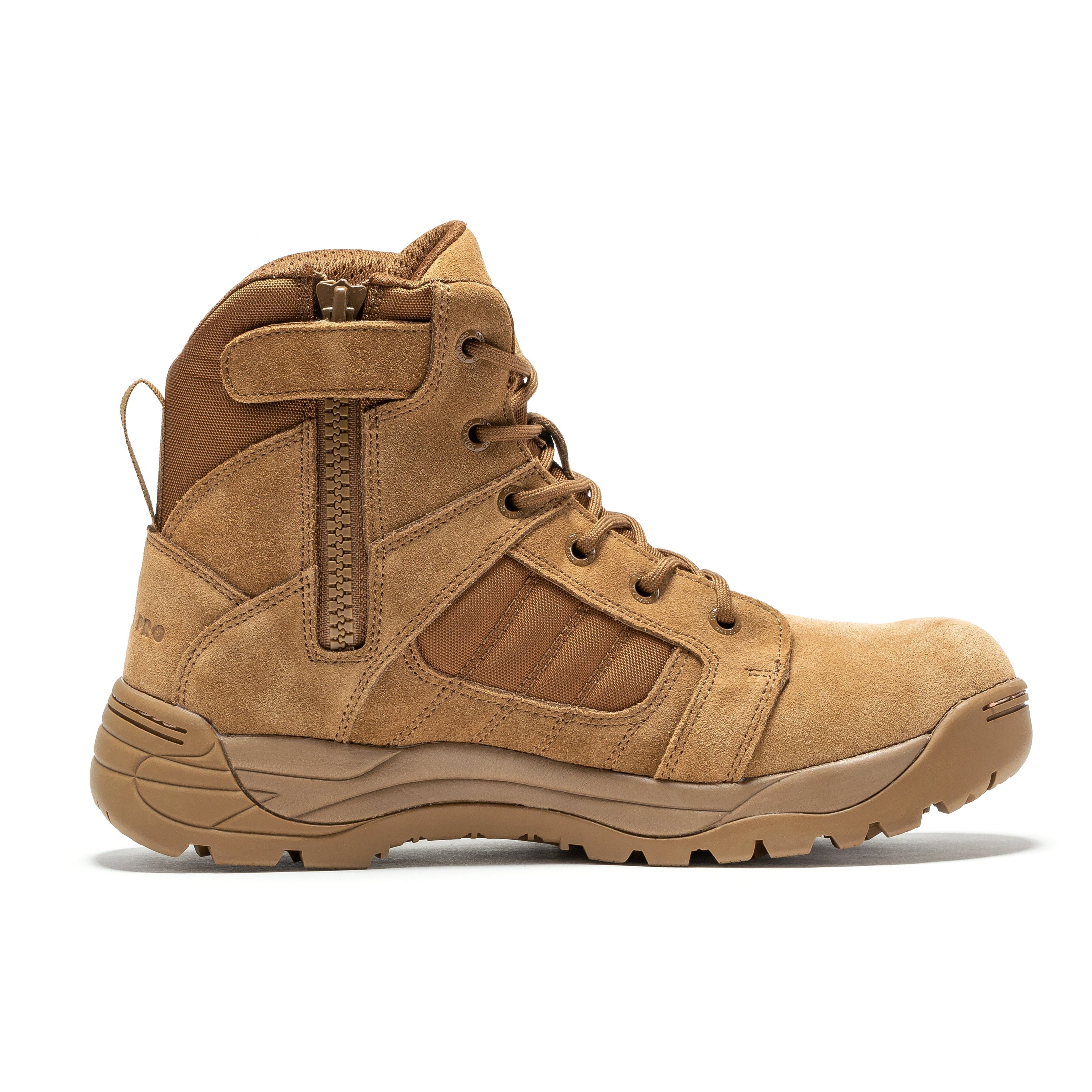 Rock Rooster Pro Coyote men's tactical boots with 6-inch height, side zipper, and rubber sole, designed for durability and comfort.