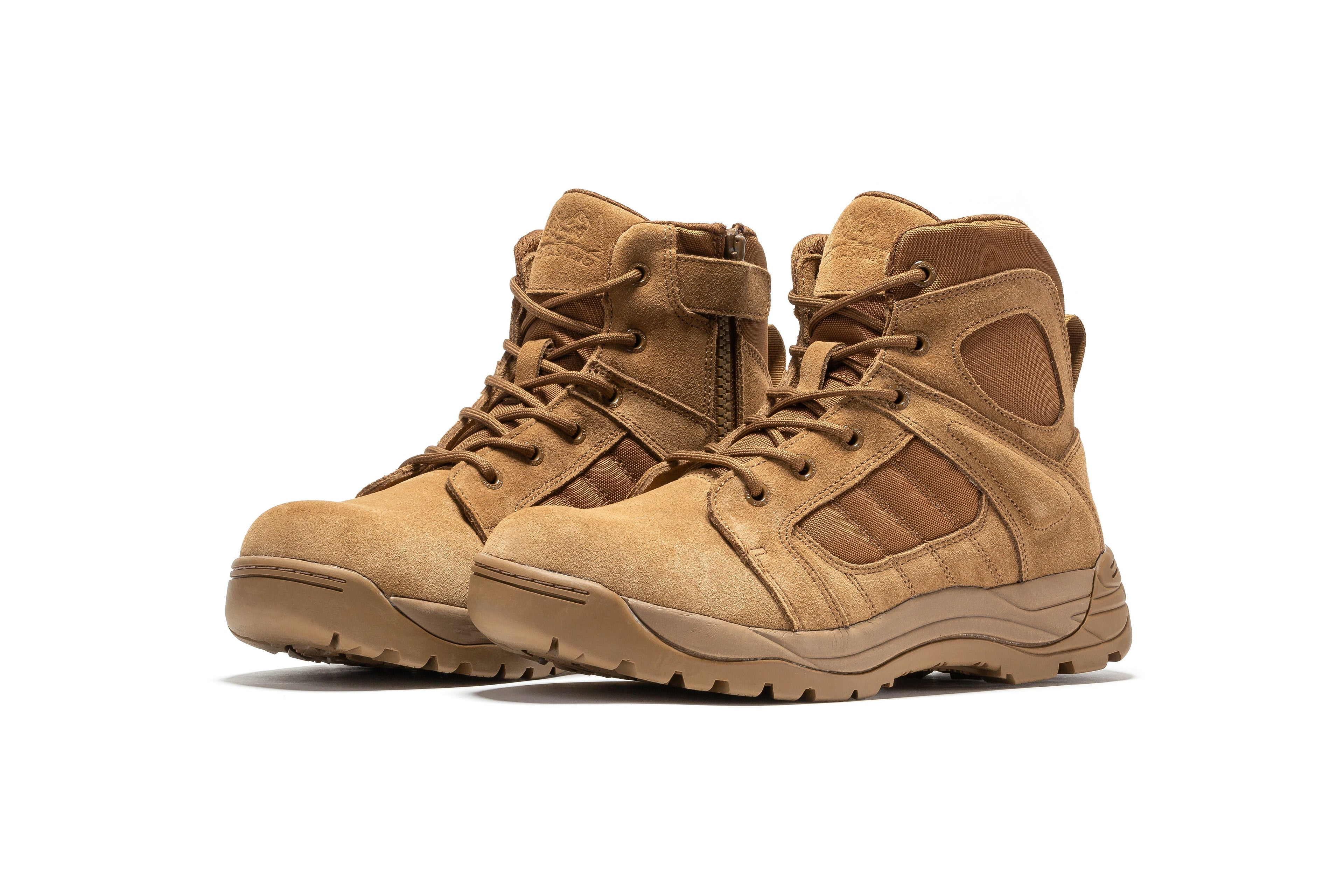 Men's Rock Rooster Tactical Boots with 6-inch side zipper, coyote color, rubber sole, and durable design.