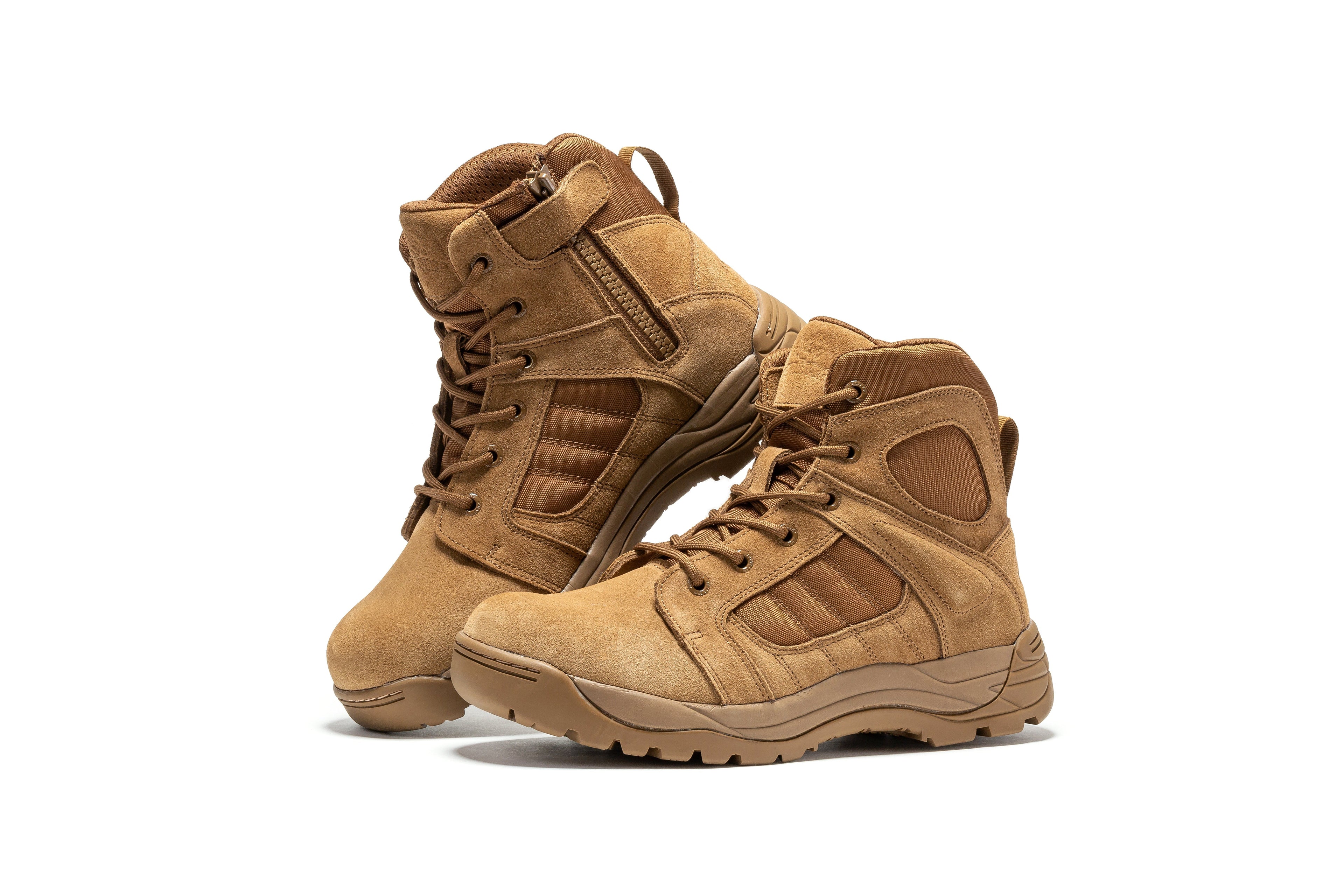 Men's Rock Rooster Pro Coyote tactical boots with 6-inch side zipper, rubber sole, durable design for outdoor and tactical use.