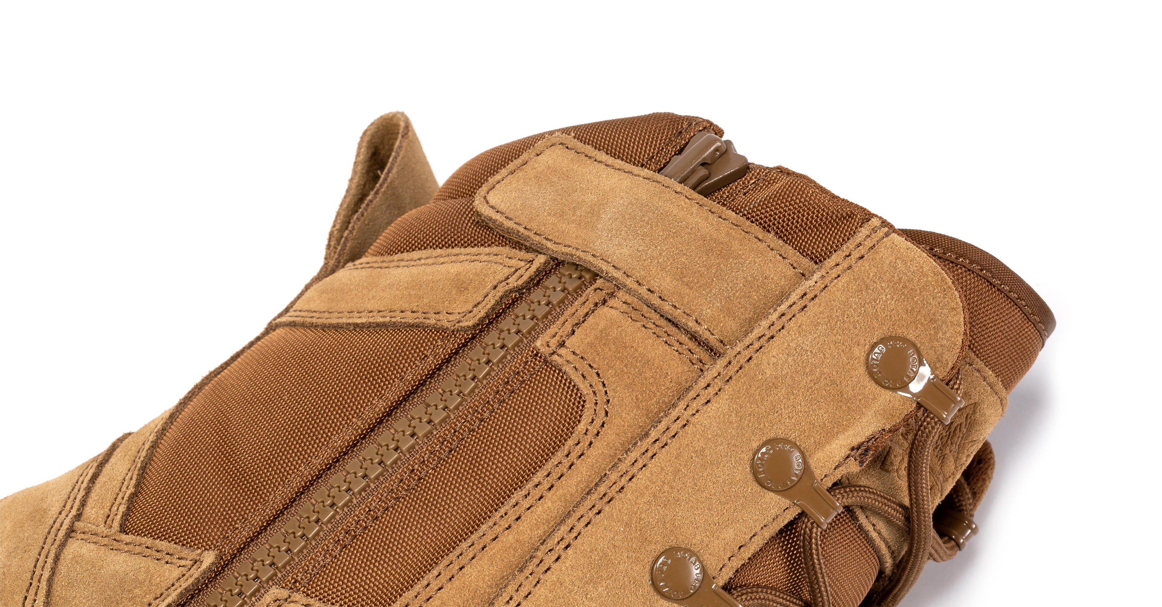 Men's 8-inch tactical boots with side zipper, rubber sole, in coyote color by Rock Rooster Footwear Inc.
