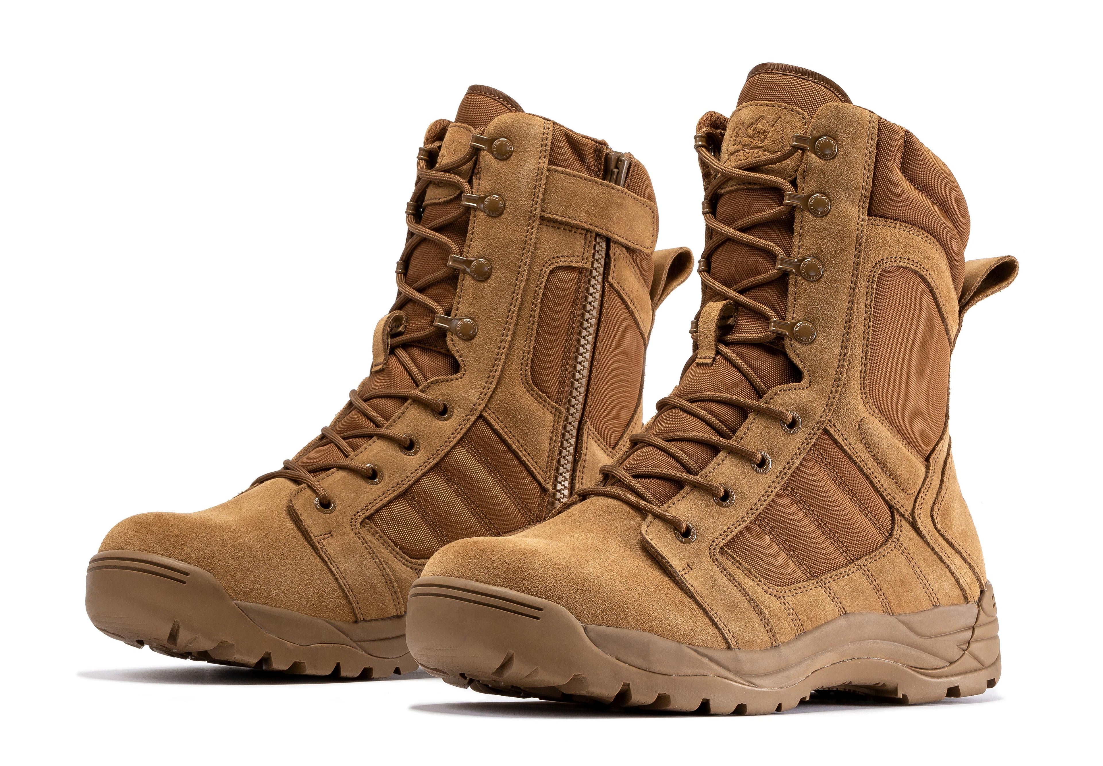 Rock Rooster Pro Coyote men's 8-inch tactical boots with side zipper and rubber sole, designed for durability and comfort.