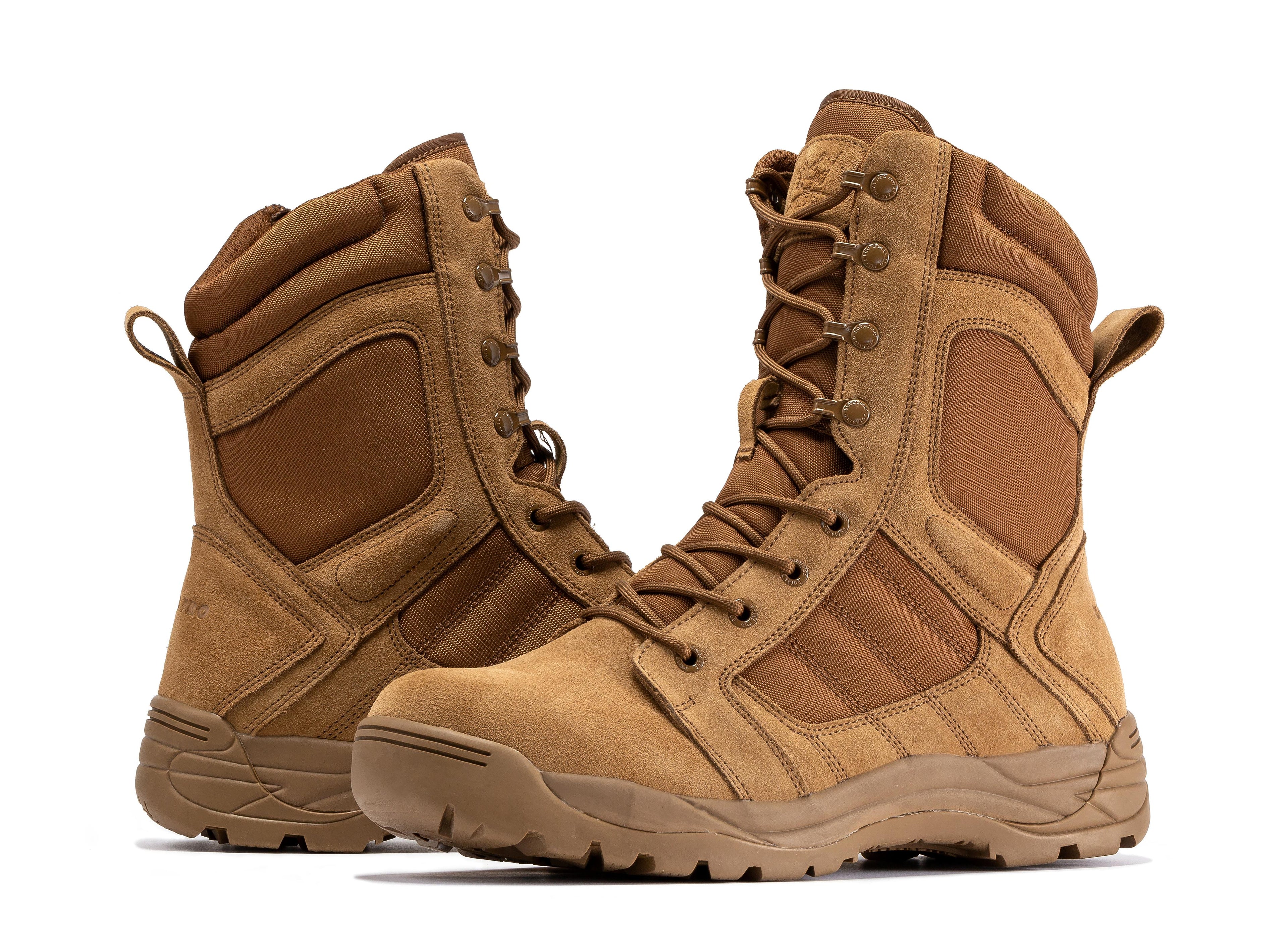 Men's 8-inch Coyote tactical boots with side zipper and rubber sole by Rock Rooster Footwear Inc, designed for durability and comfort.