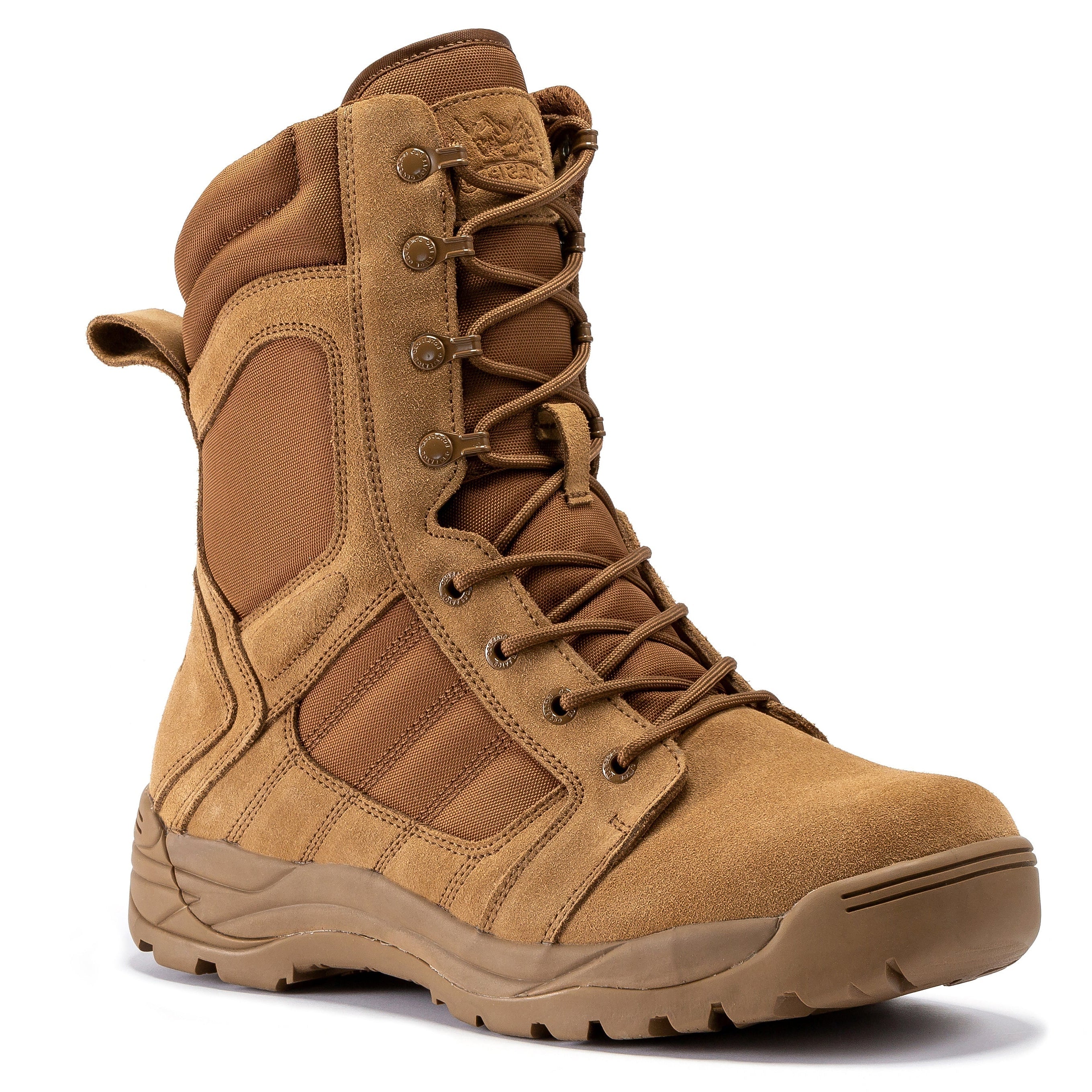 Men's 8-inch Coyote tactical boots with side zipper and rubber sole by Rock Rooster Footwear Inc, designed for durability and comfort.