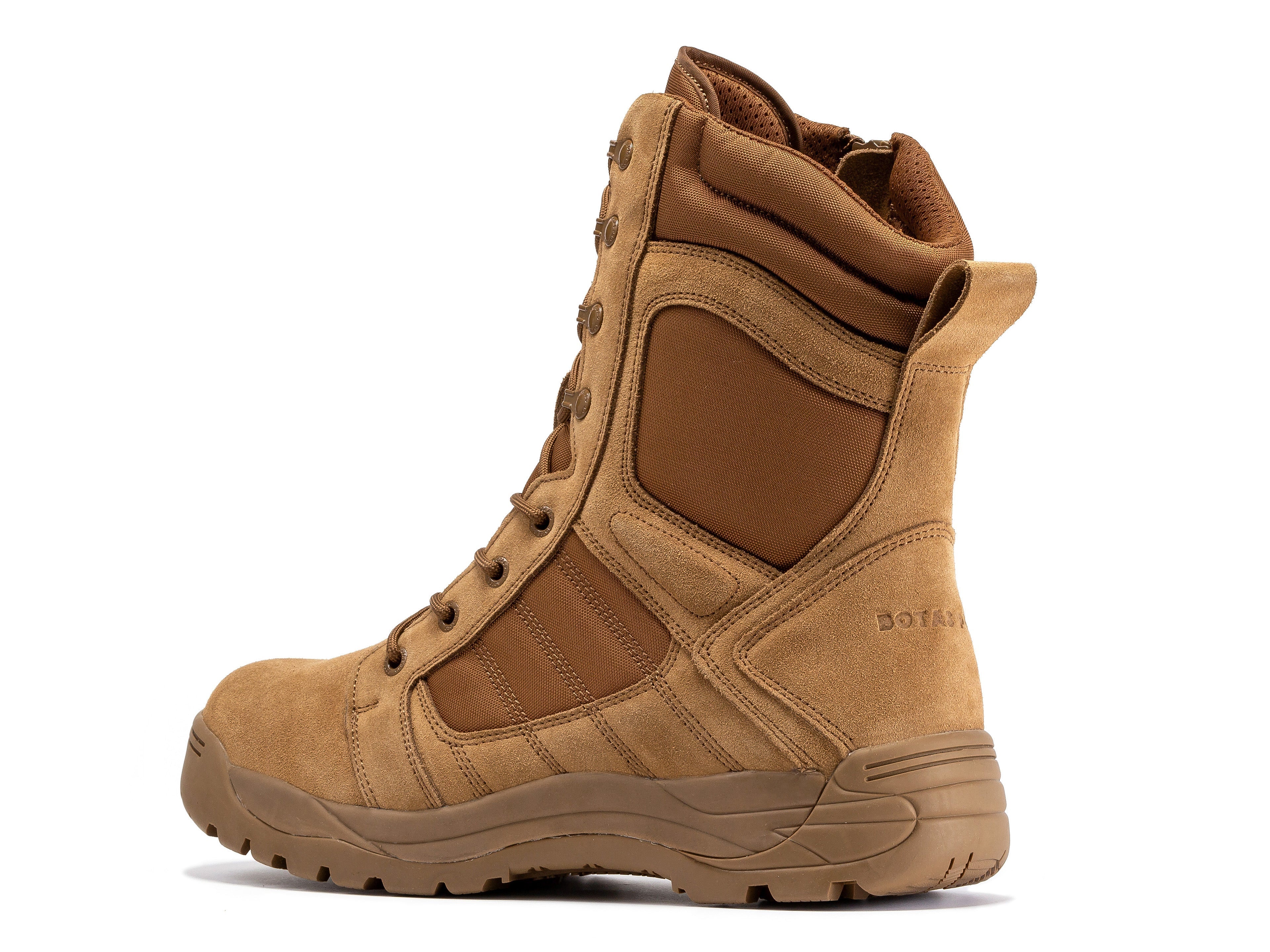 Men's Rock Rooster Pro Coyote tactical boots with 8-inch height, side zipper, rubber sole, and rugged design for outdoor use.