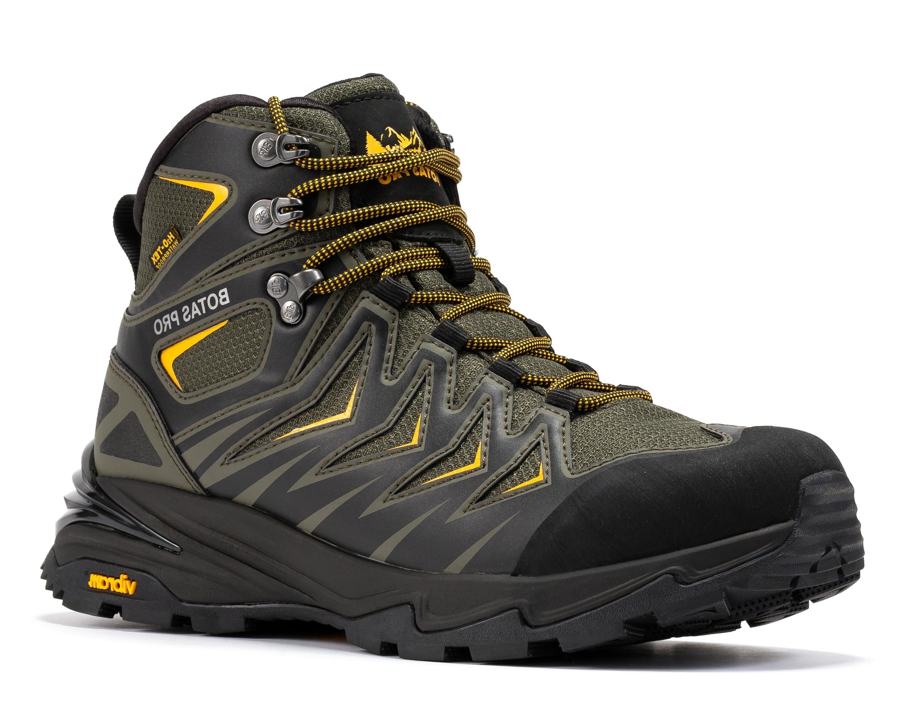 Rock Rooster Pro Metallic Green 6-Inch waterproof hiking boots with VIBRAM® traction lug outsole, showcasing rugged outdoor footwear.