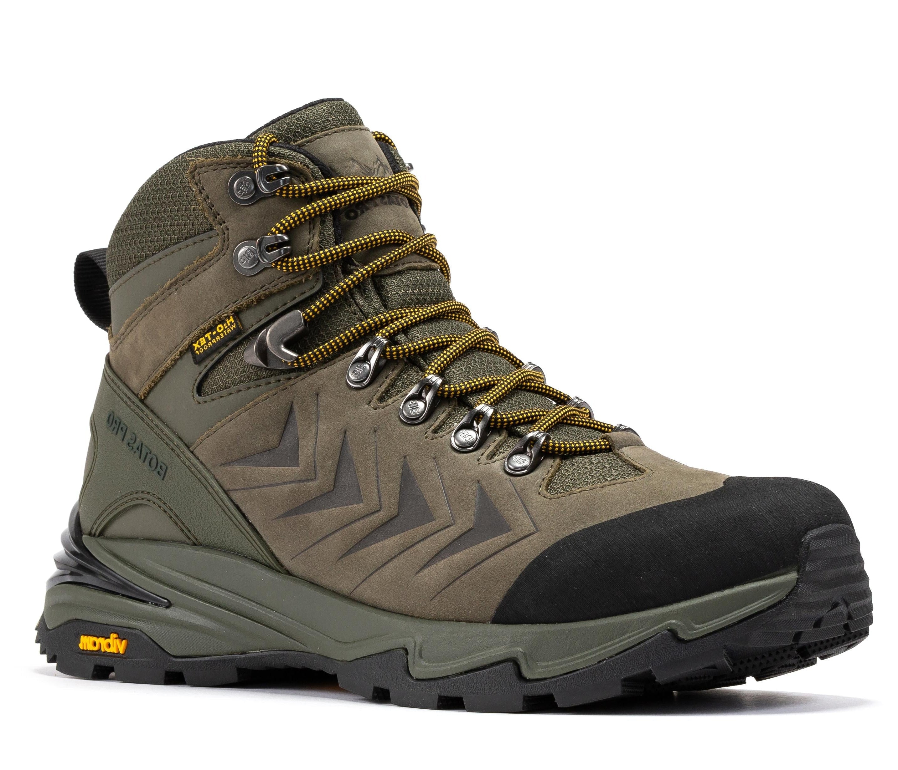 Rock Rooster Pro Olive 6-inch waterproof hiking boots with VIBRAM® traction lug outsole, showcasing rugged design and durable construction.