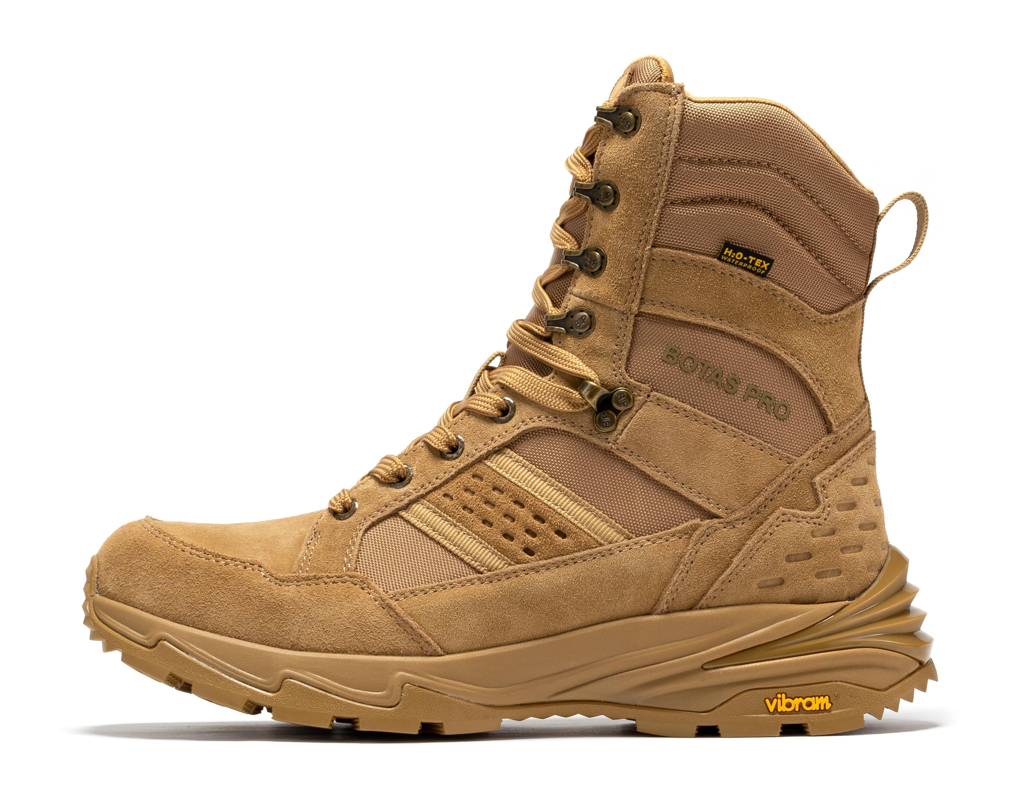 Rock Rooster Pro Sand 8-inch waterproof tactical hiking boots with VIBRAM® traction lug outsole in tan color.