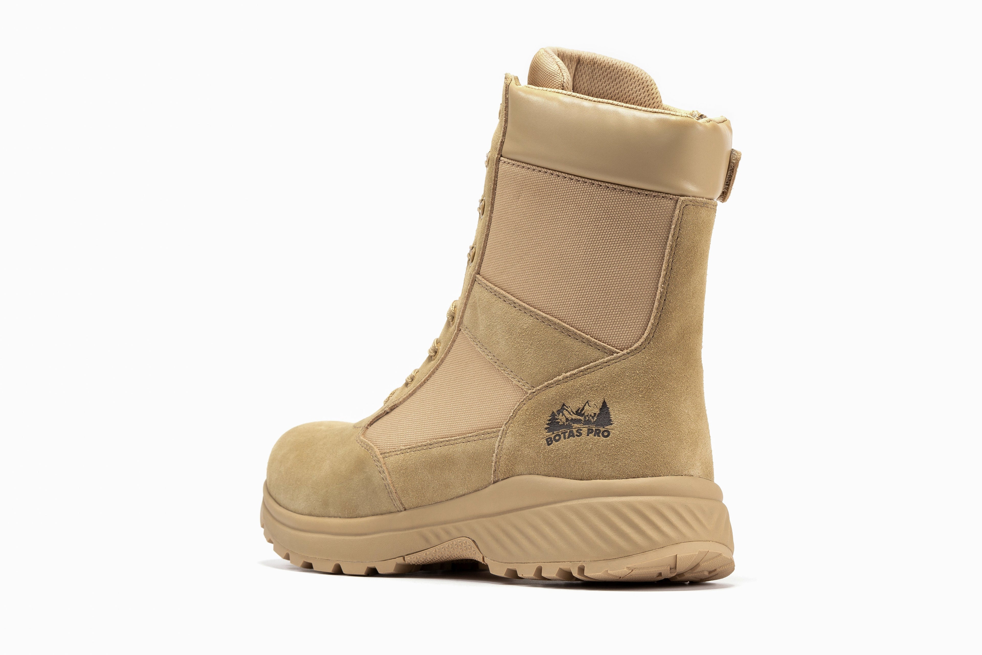 Men's 8-inch side zipper military tactical boots by Rock Rooster Footwear, in sand color with rugged design and durable sole
