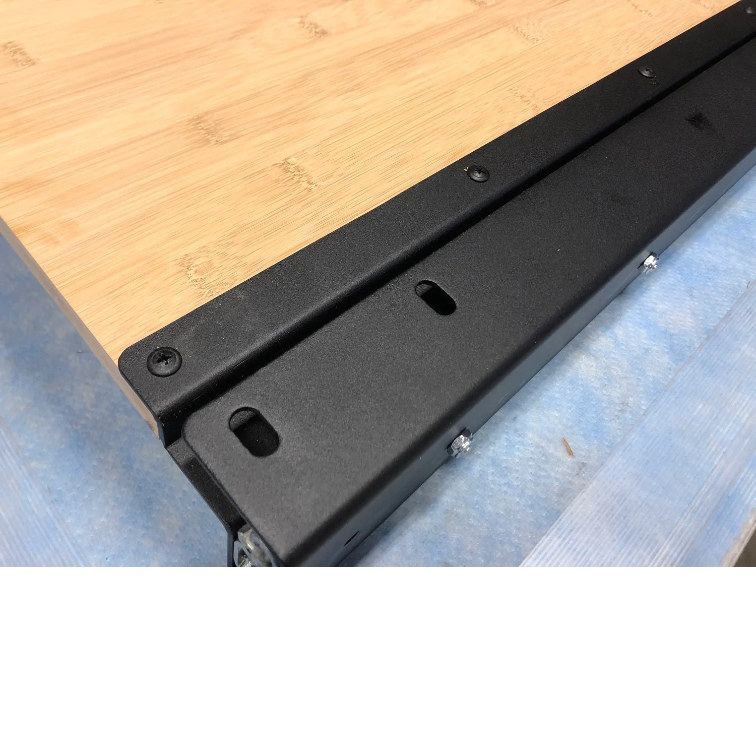 48-inch DIY slide tray kit by RB Components, showing the assembled metal tray with sliding mechanism and mounting hardware.