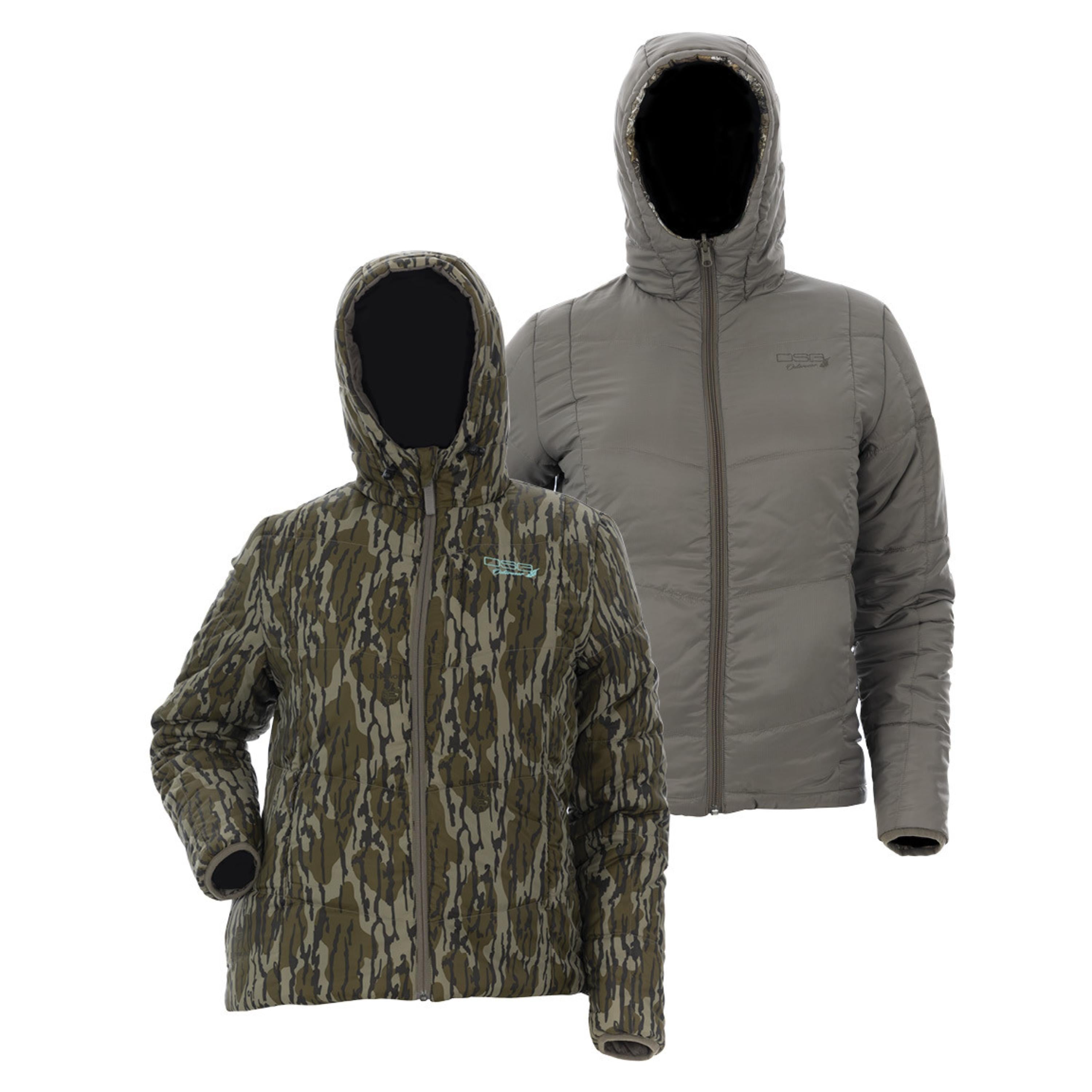 Reversible puffer jacket by DSG Outerwear with a quilted design, shown from the bottomland fabric side.