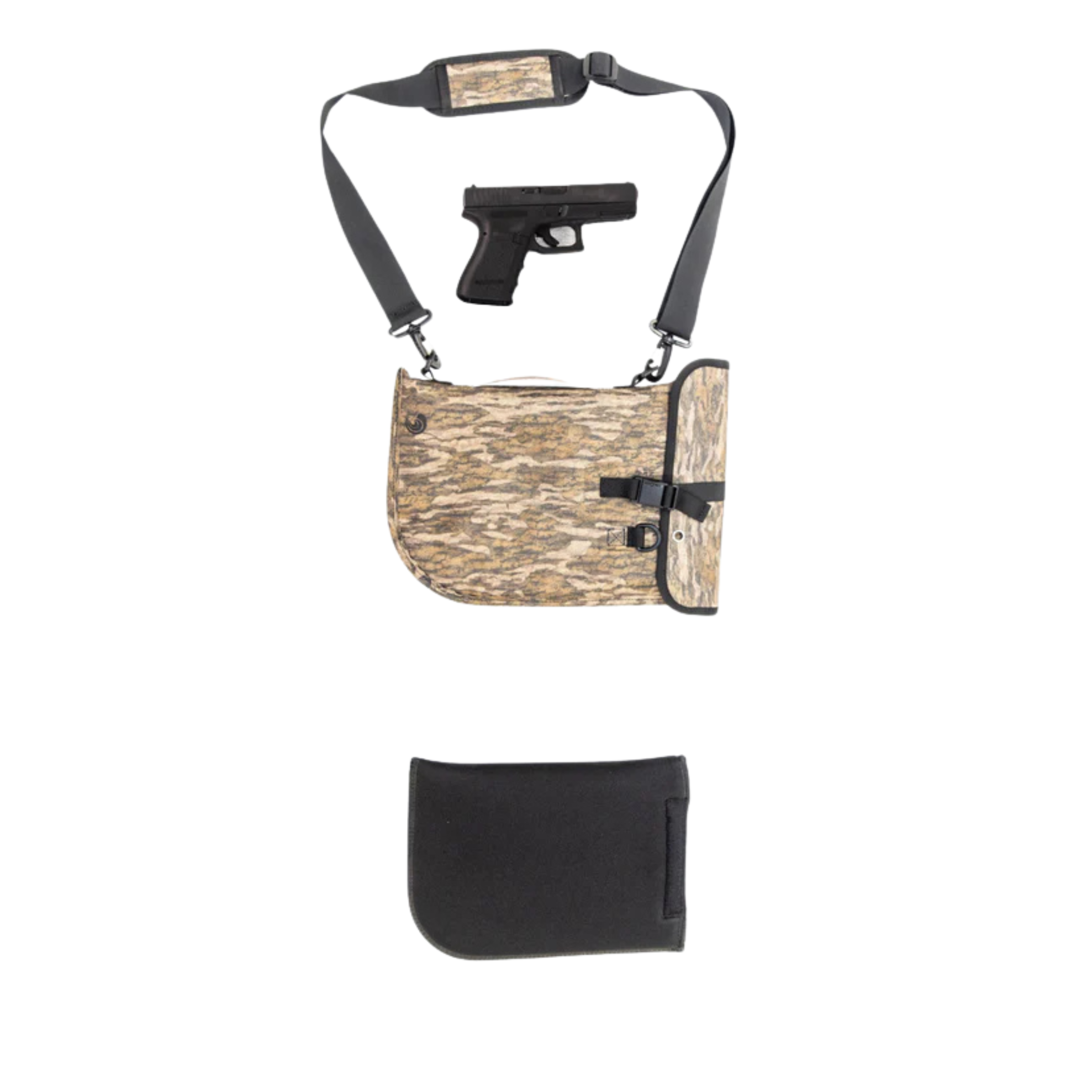 Dry Pocket waterproof floating pistol bag with auto-sealing design, shown in bottomland camouflage, ideal for secure firearm storage.