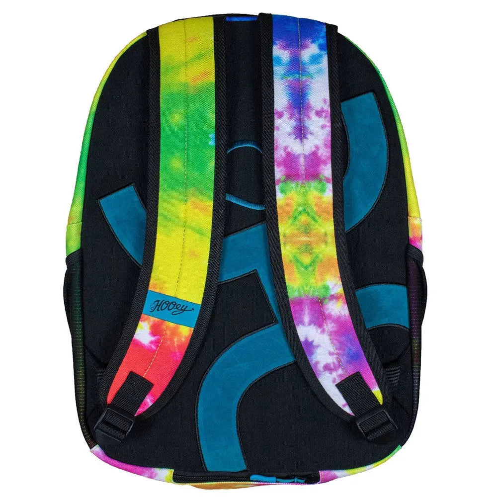 Backview of HOOey Recess Tie Dye backpack showing colorful tie dye pattern and adjustable straps.