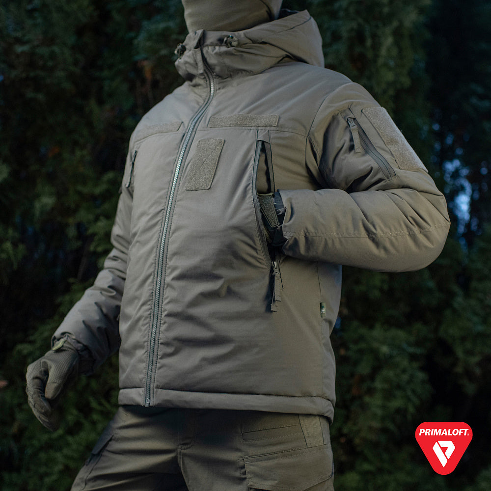 M-Tac Winter Jacket Alpha Gen.IV Pro Primaloft with insulated design and multiple pockets, ideal for cold weather outdoor wear.