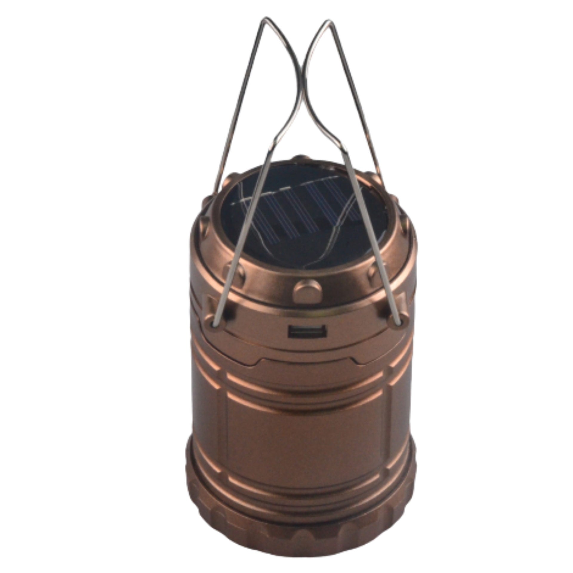 Bronze collapsible solar camping lantern with rechargeable LED light and built-in solar panel for outdoor illumination and communication.