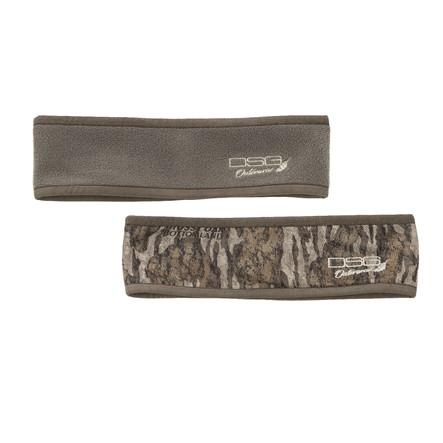 Reversible Hunt headband by DSG OUTERWEAR in brown bottomland camouflage, showing both sides of the soft, stretchy fabric.