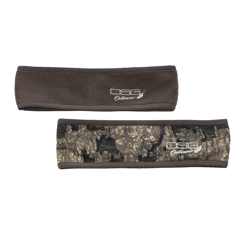 Reversible brown Hunt headband by DSG OUTERWEAR featuring a stylish timber pattern and comfortable fit for outdoor activities.