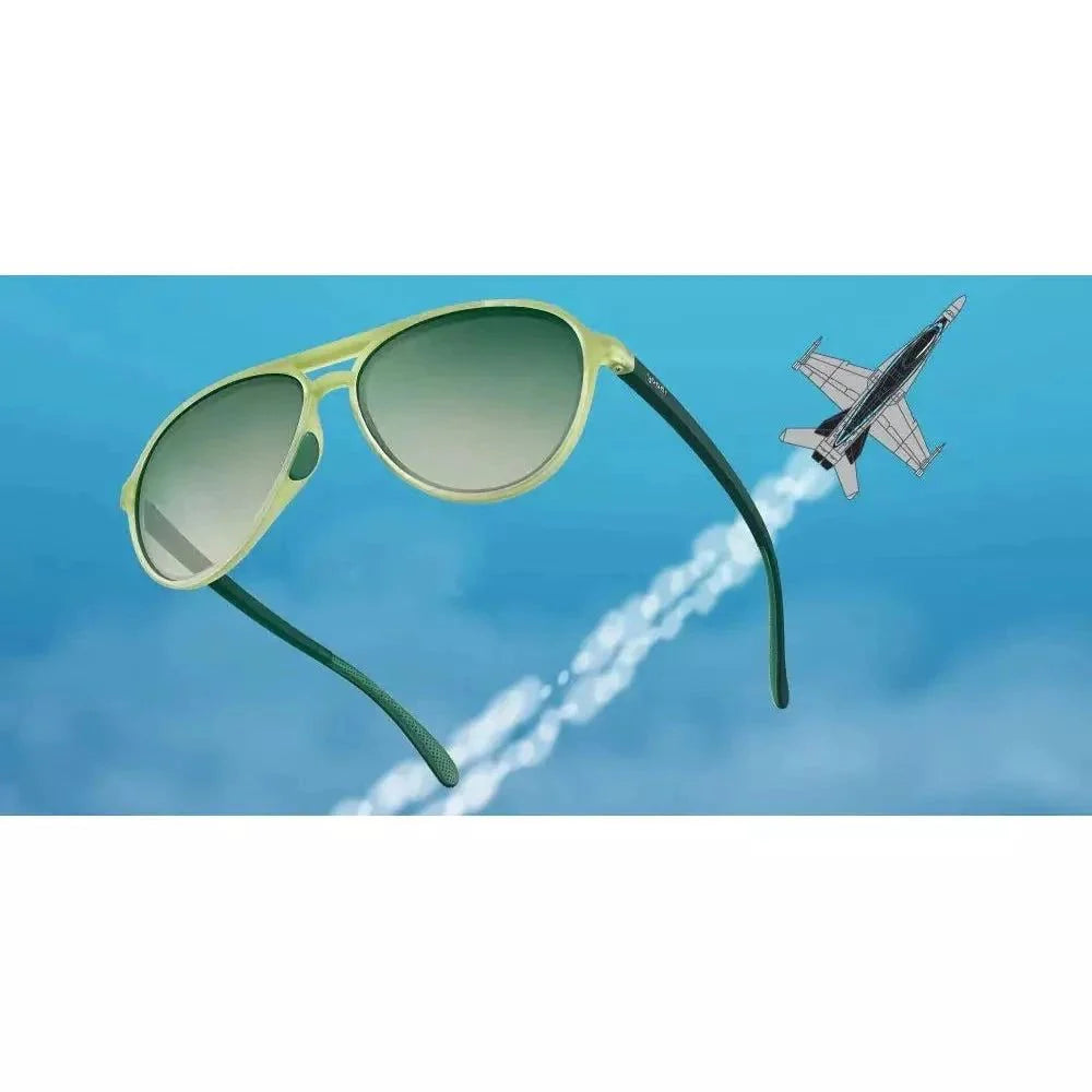 Buzzed On The Tower MACH G polarized sunglasses by Rare Air Discs, featuring sleek black frames and tinted lenses in a lifestyle setting.