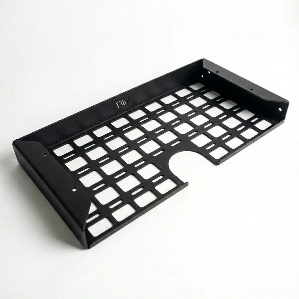 Canyon Adventure Vans Storyteller Undercabinet Shelf on driver side, made in Utah, with wooden finish and sturdy mounting hardware