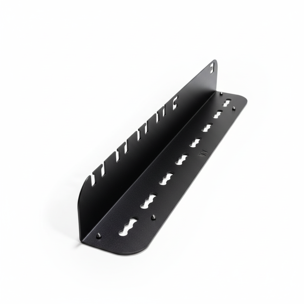 Magnetic outdoor utility shelf by Canyon Adventure Vans, made in Utah, mounted on a wall with tools and gear.