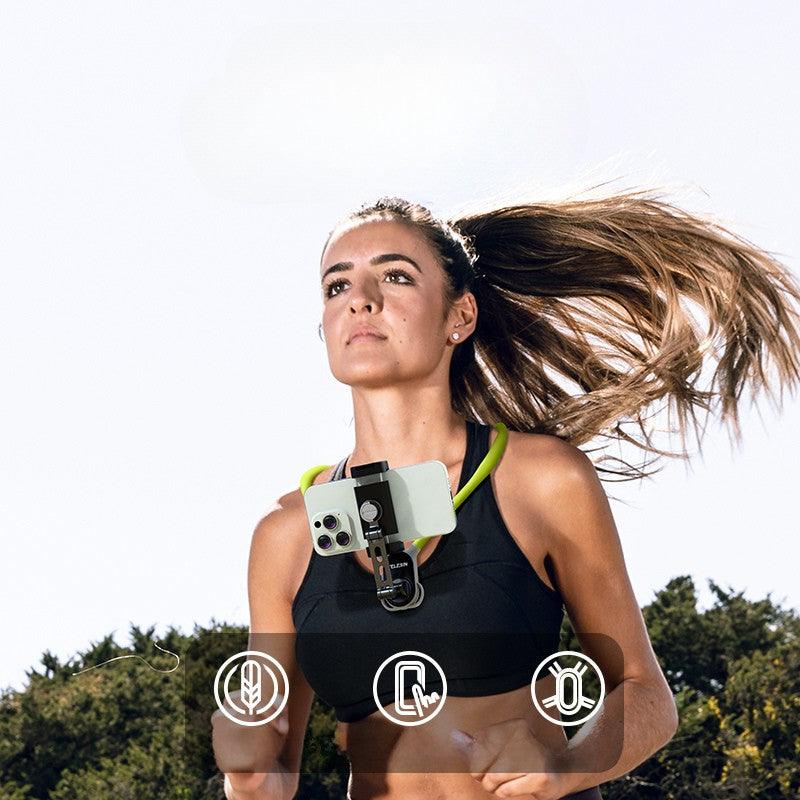 Bean's Moto Booth TELESIN neck-mounted phone and camera holder, adjustable camera mount worn around the neck for hands-free photography.